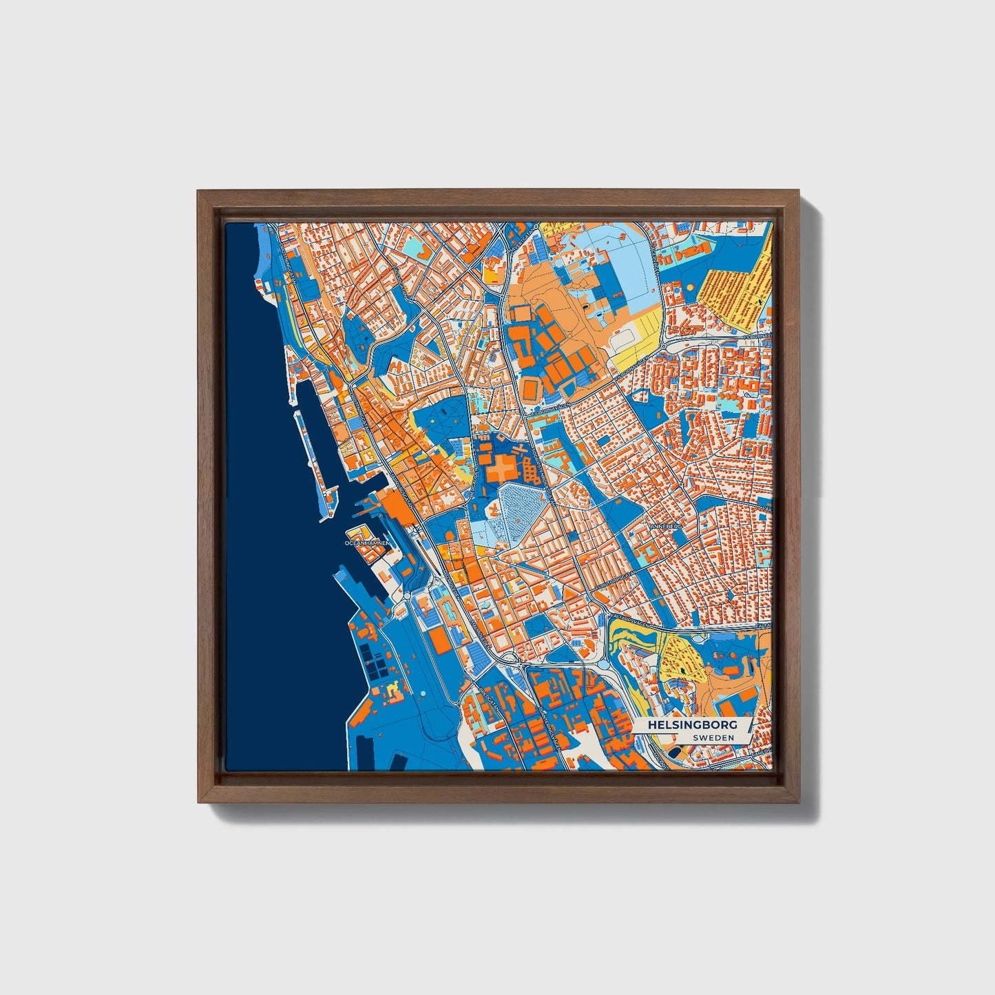 Helsingborg Sweden Colorful City Map Canvas Print • Dark Wooden Framed