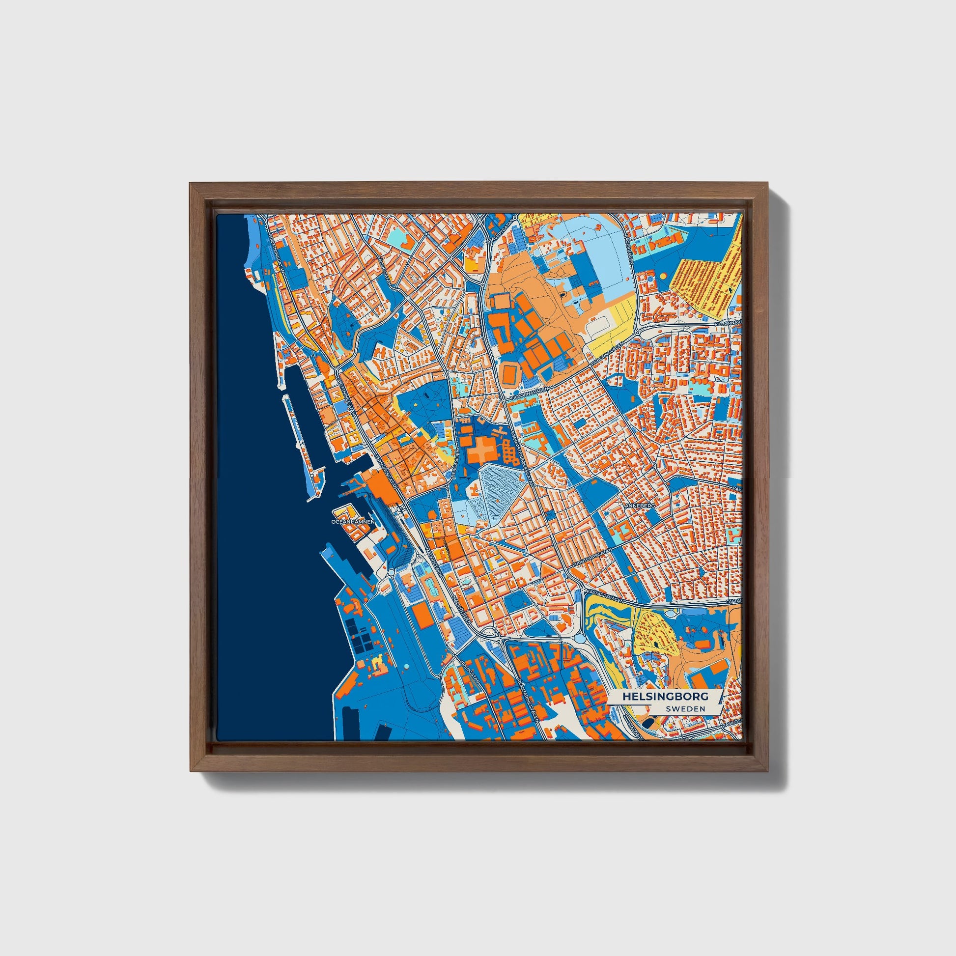 Helsingborg Sweden Colorful City Map Canvas Print • Dark Wooden Framed