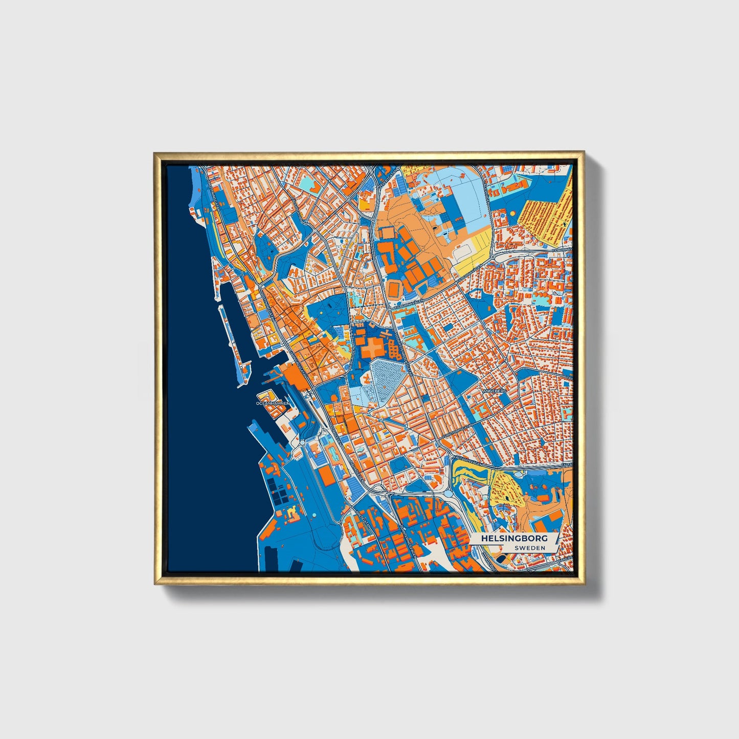 Helsingborg Sweden Colorful City Map Canvas Print • Gold Framed