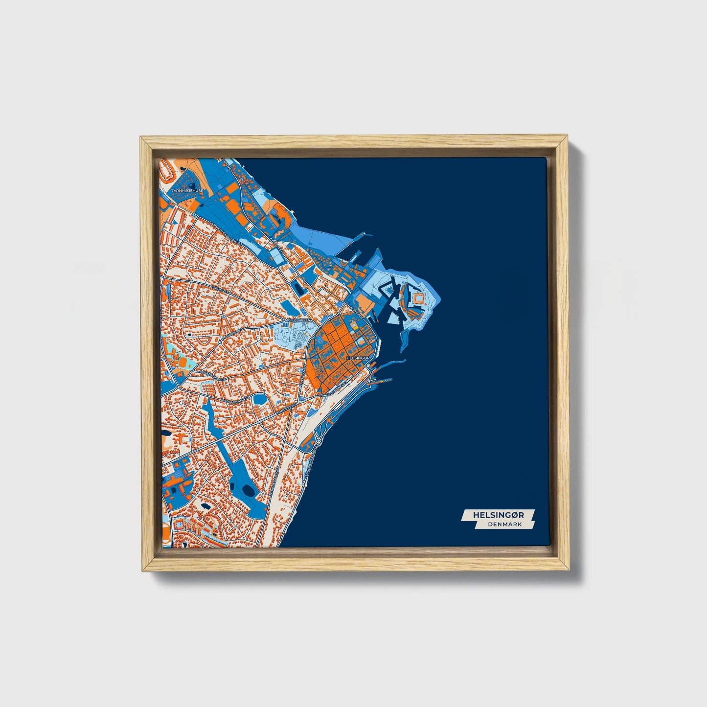 Helsingør Denmark Colorful City Map Canvas Print • Natural Wooden Framed