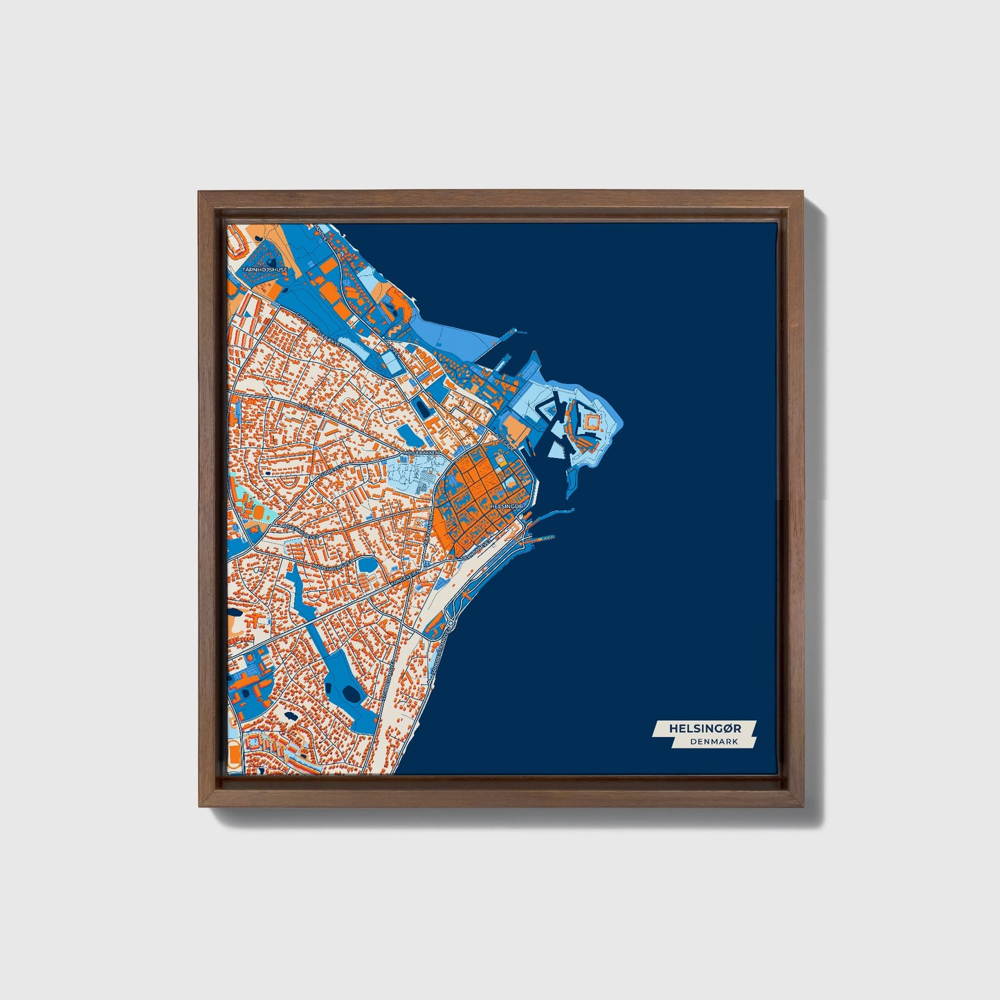 Helsingør Denmark Colorful City Map Canvas Print • Dark Wooden Framed