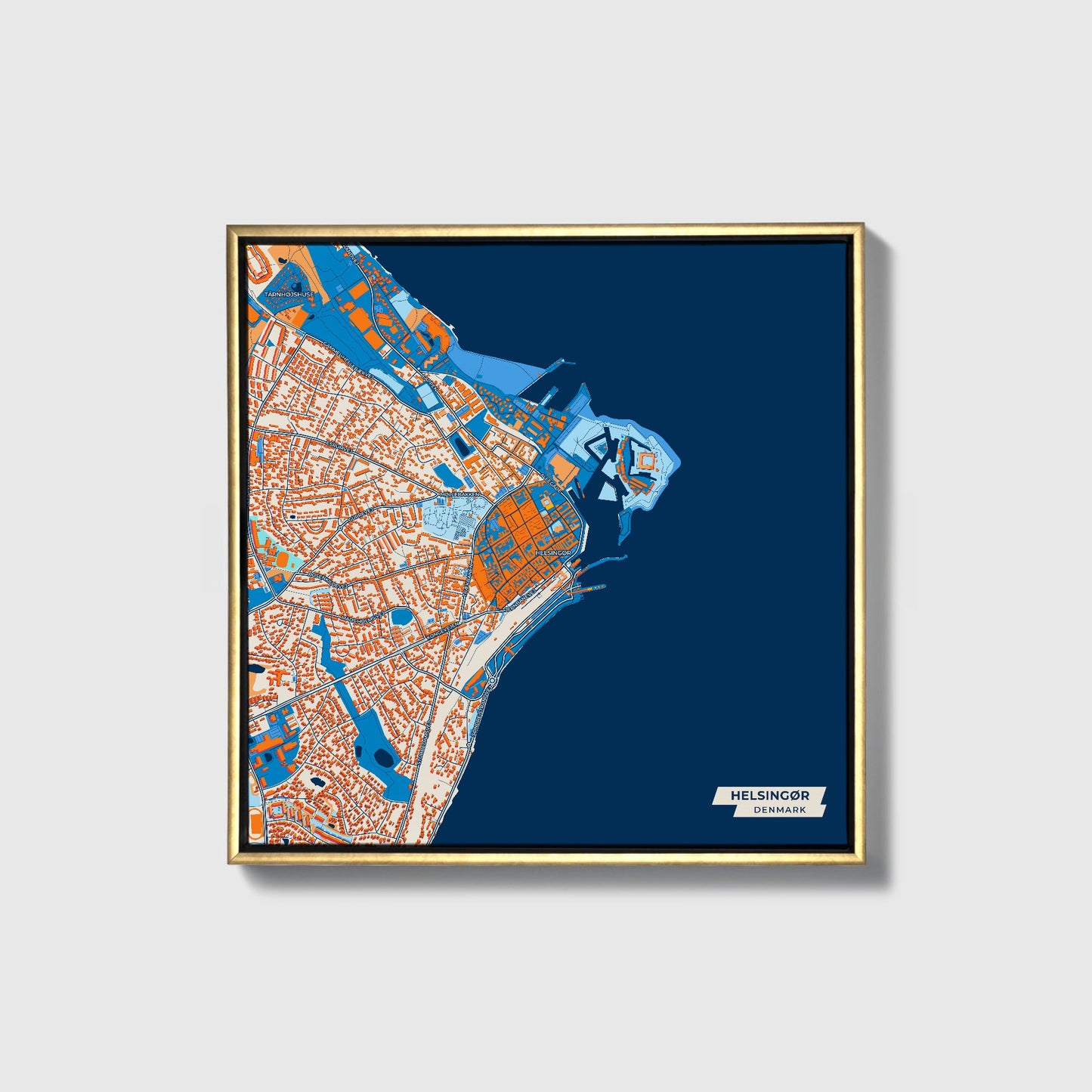 Helsingør Denmark Colorful City Map Canvas Print • Gold Framed