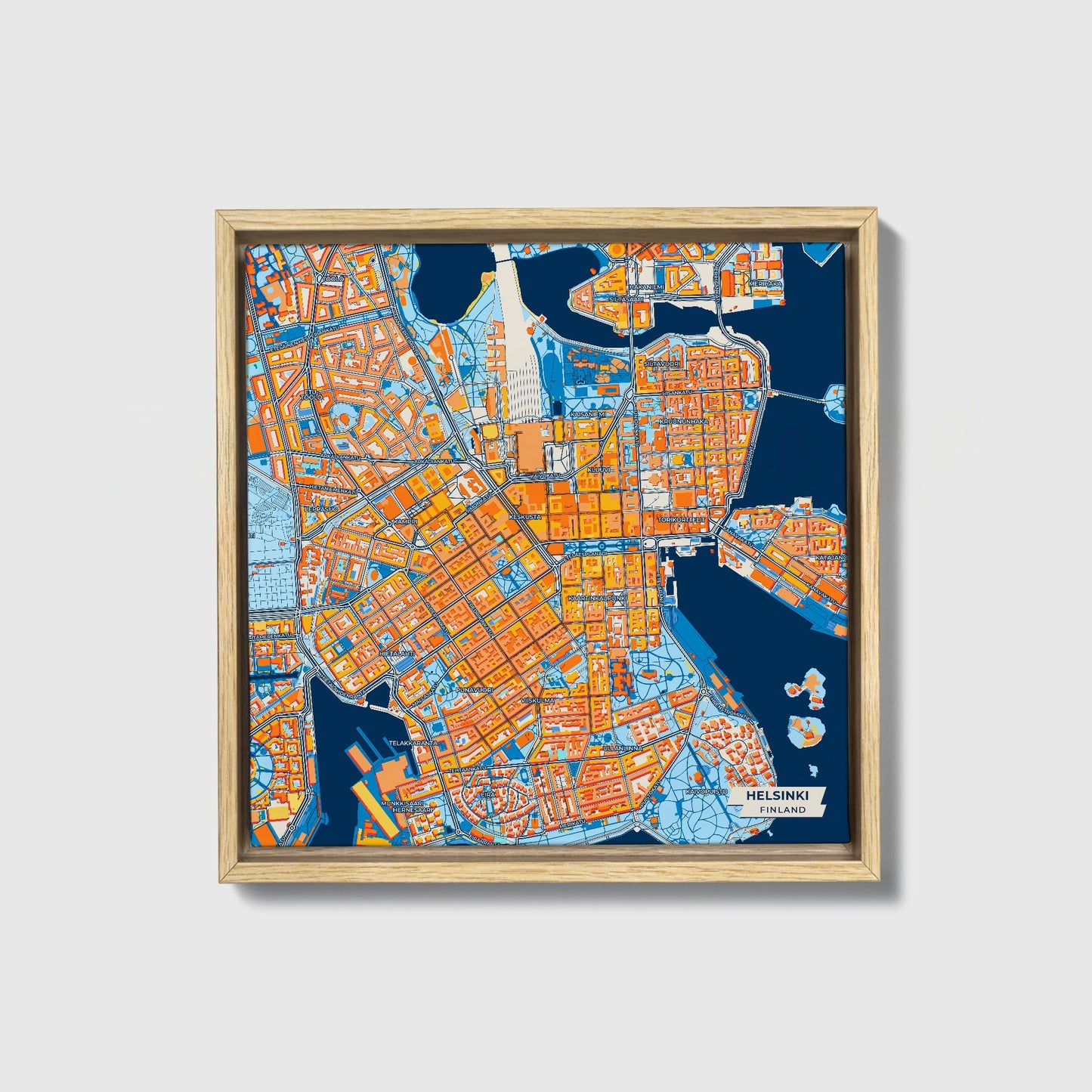 Helsinki Finland Colorful City Map Canvas Print • Natural Wooden Framed
