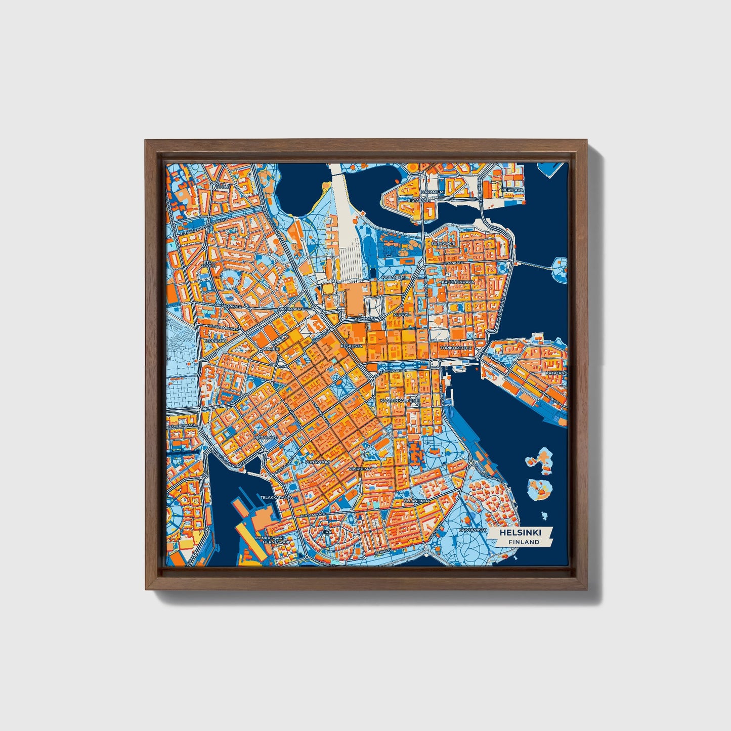 Helsinki Finland Colorful City Map Canvas Print • Dark Wooden Framed