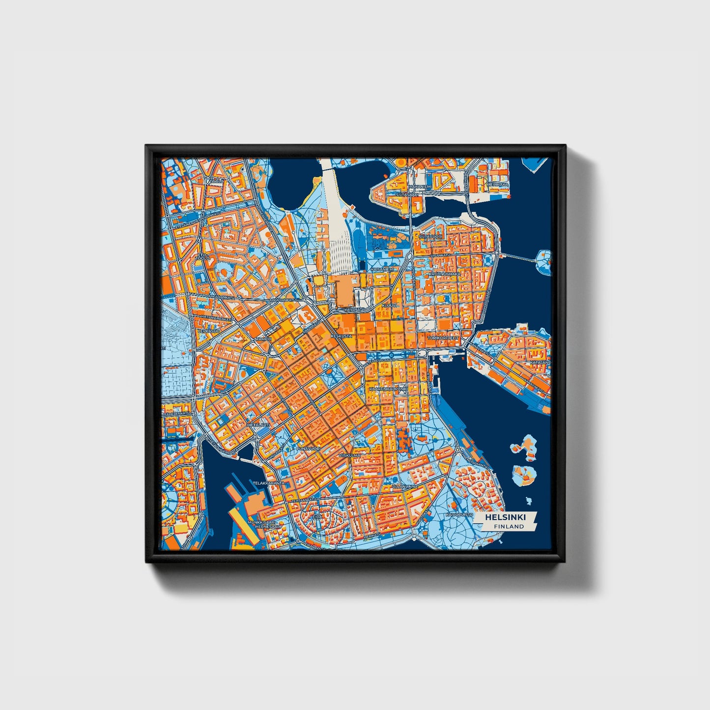Helsinki Finland Colorful City Map Canvas Print • Black Framed