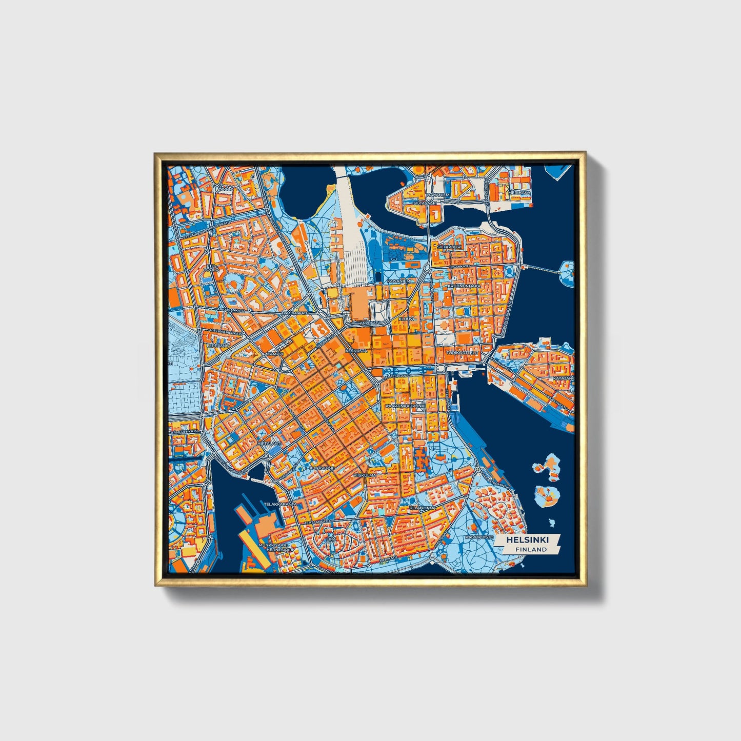 Helsinki Finland Colorful City Map Canvas Print • Gold Framed