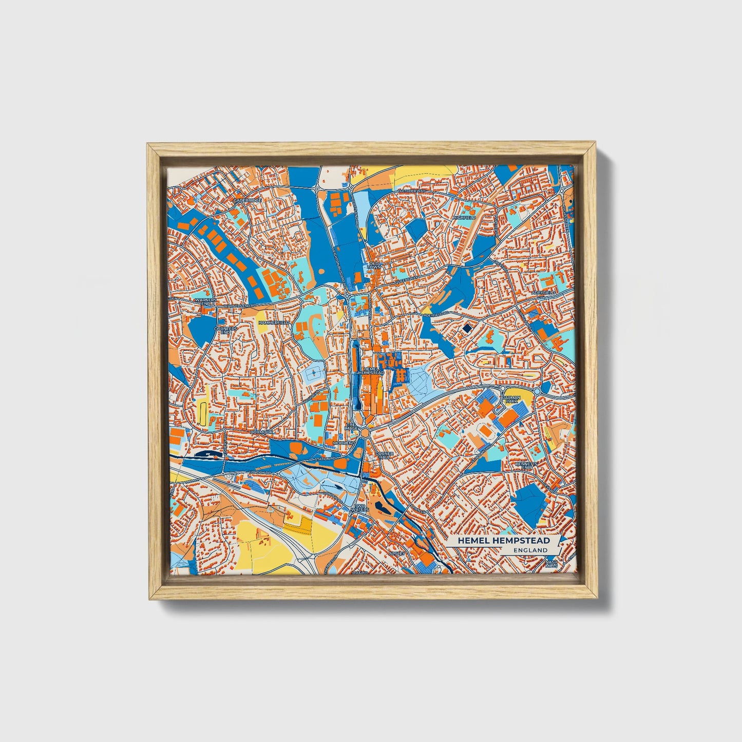 Hemel Hempstead England Colorful City Map Canvas Print • Natural Wooden Framed