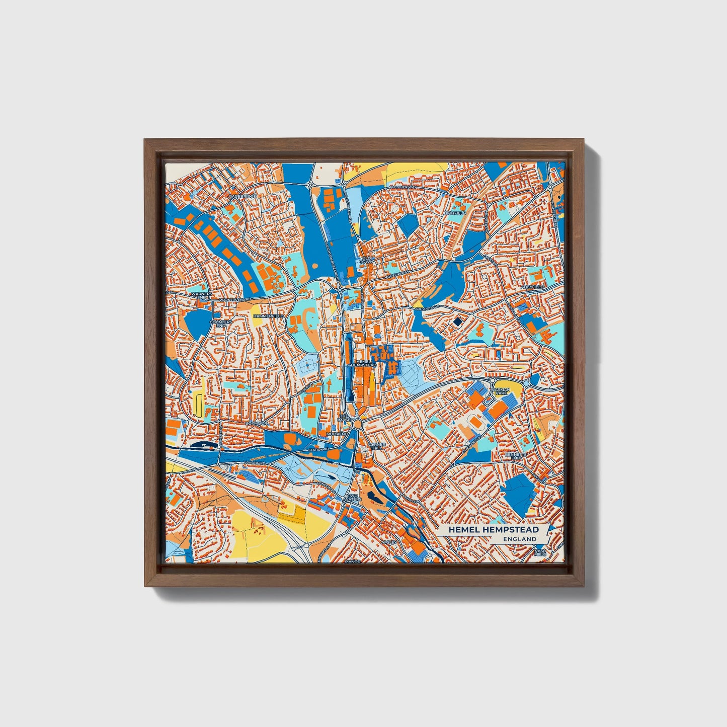 Hemel Hempstead England Colorful City Map Canvas Print • Dark Wooden Framed