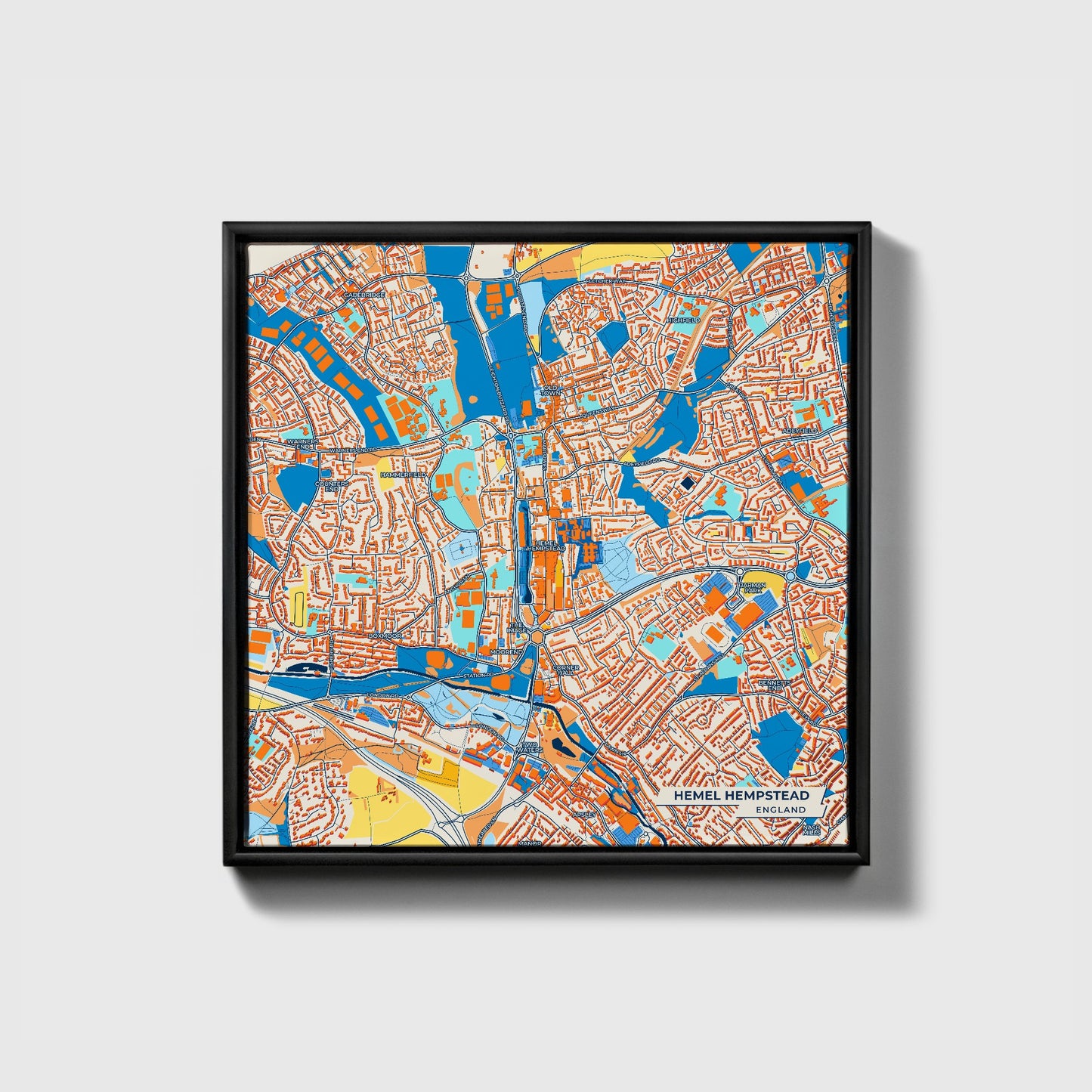 Hemel Hempstead England Colorful City Map Canvas Print • Black Framed