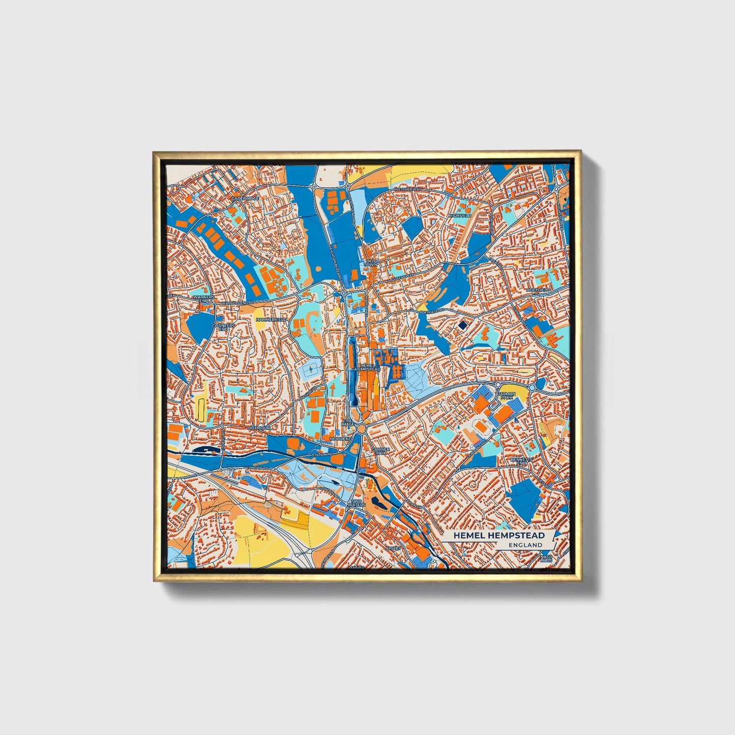 Hemel Hempstead England Colorful City Map Canvas Print • Gold Framed