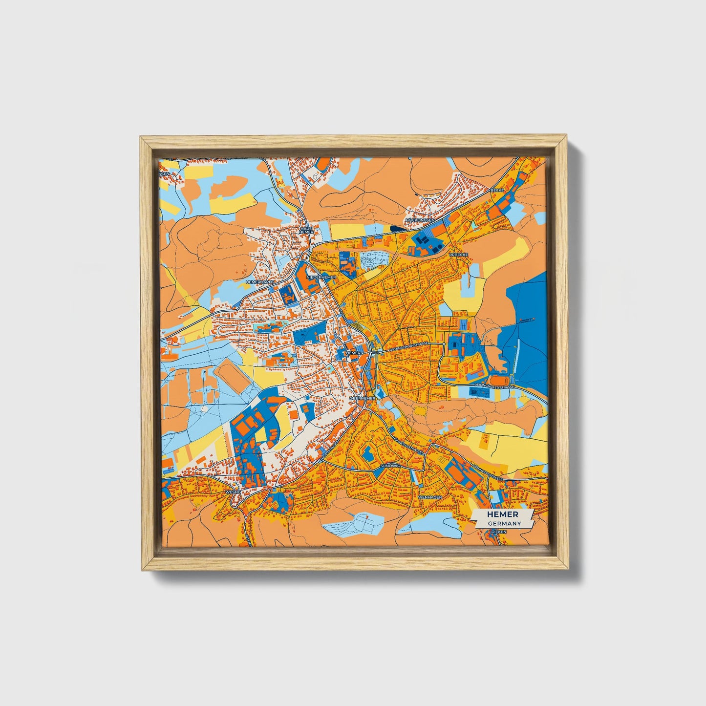 Hemer Germany Colorful City Map Canvas Print • Natural Wooden Framed