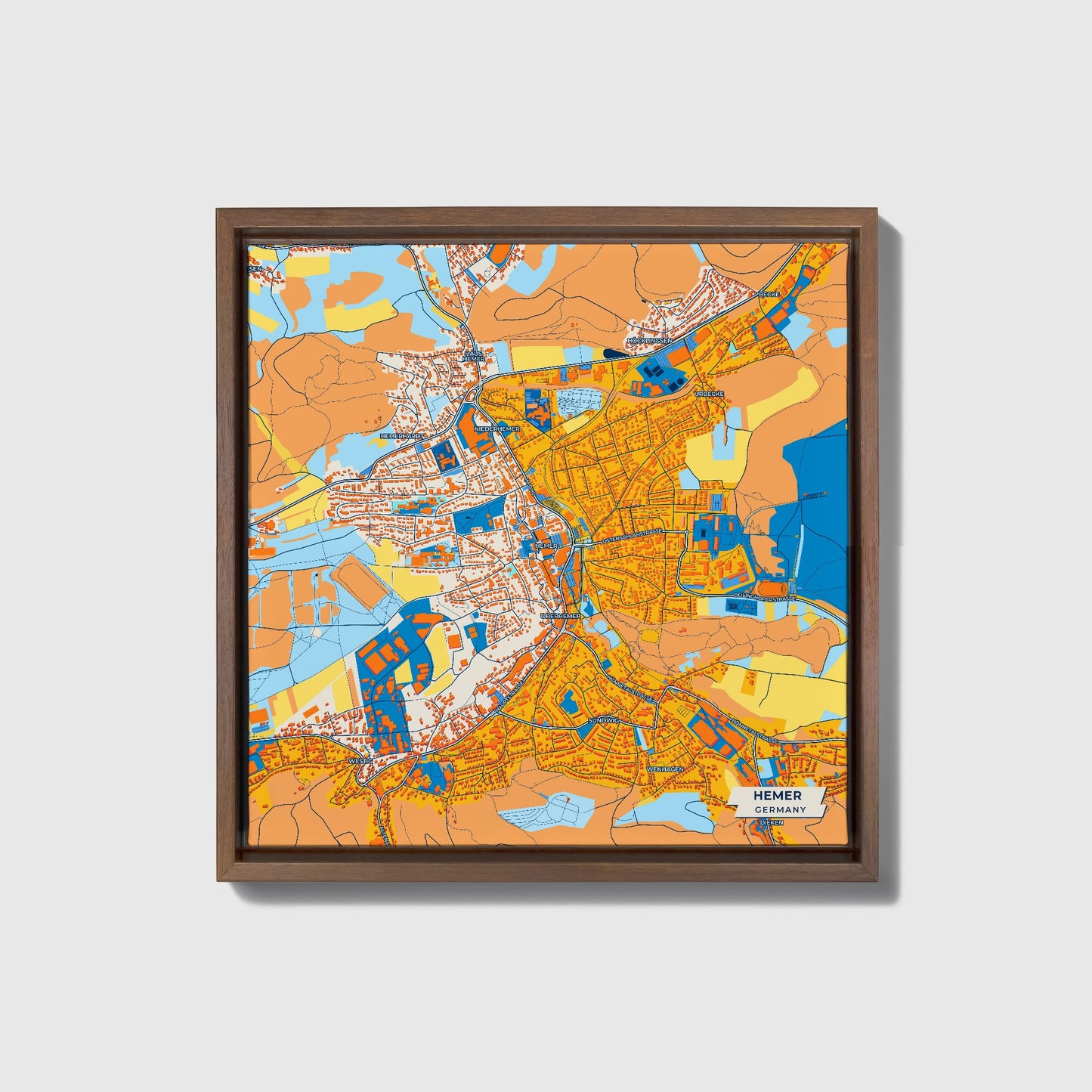 Hemer Germany Colorful City Map Canvas Print • Dark Wooden Framed