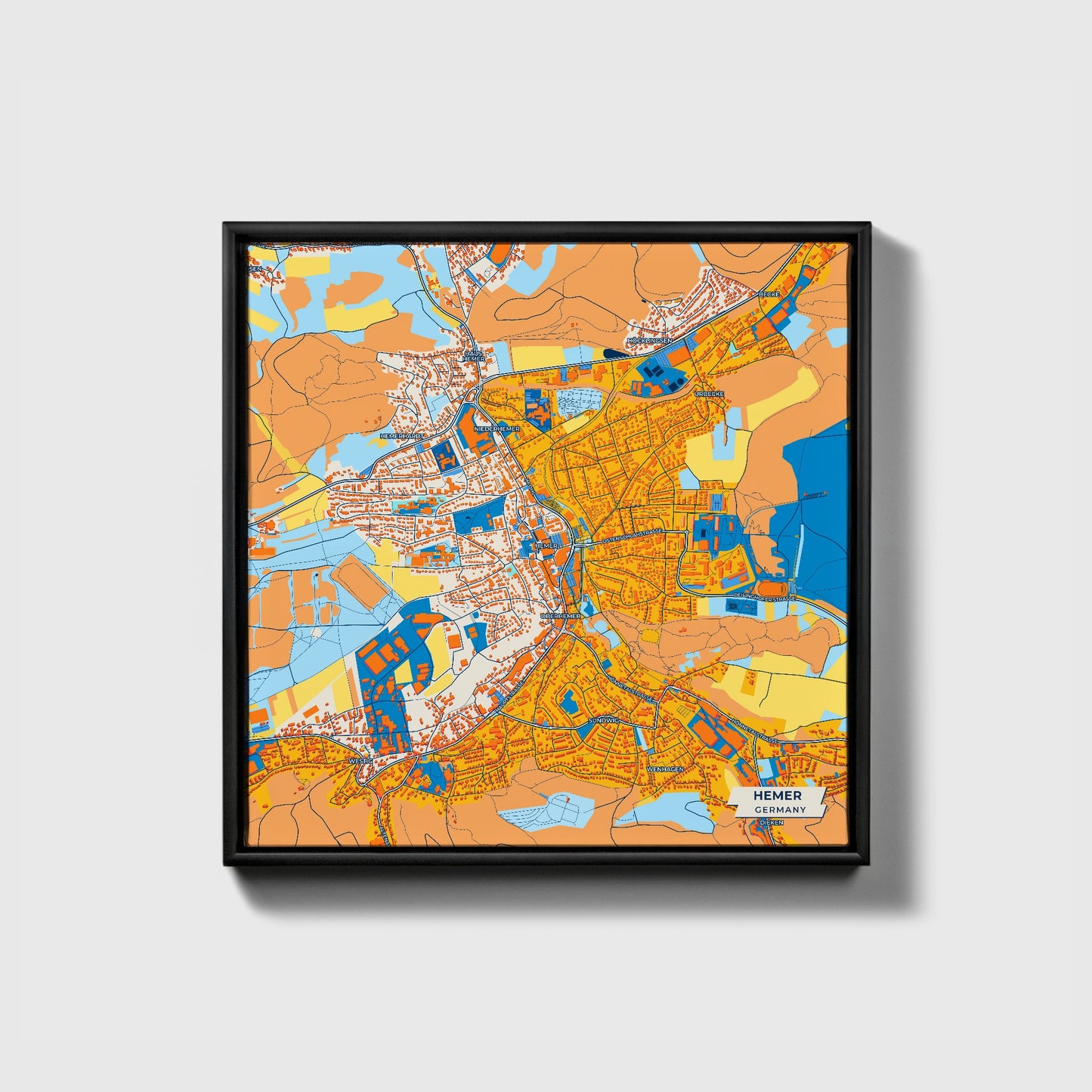 Hemer Germany Colorful City Map Canvas Print • Black Framed