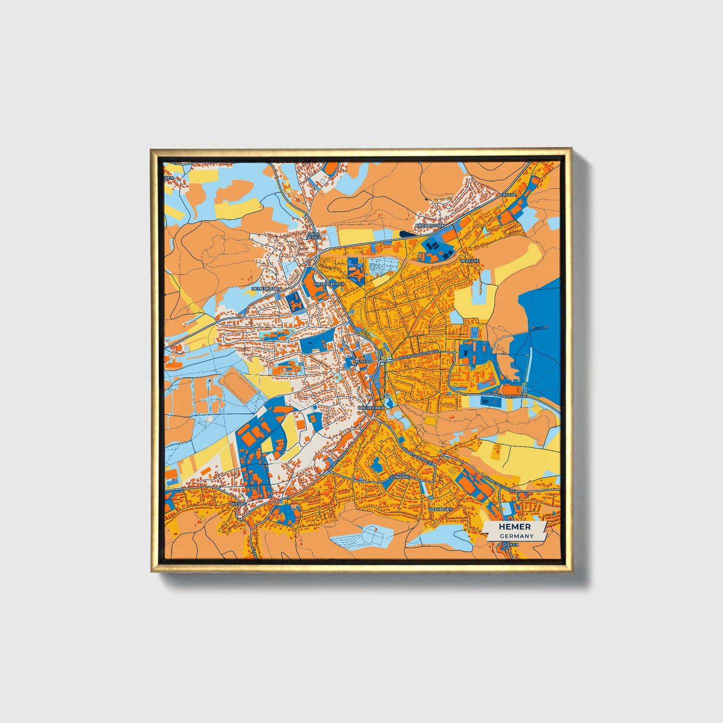 Hemer Germany Colorful City Map Canvas Print • Gold Framed
