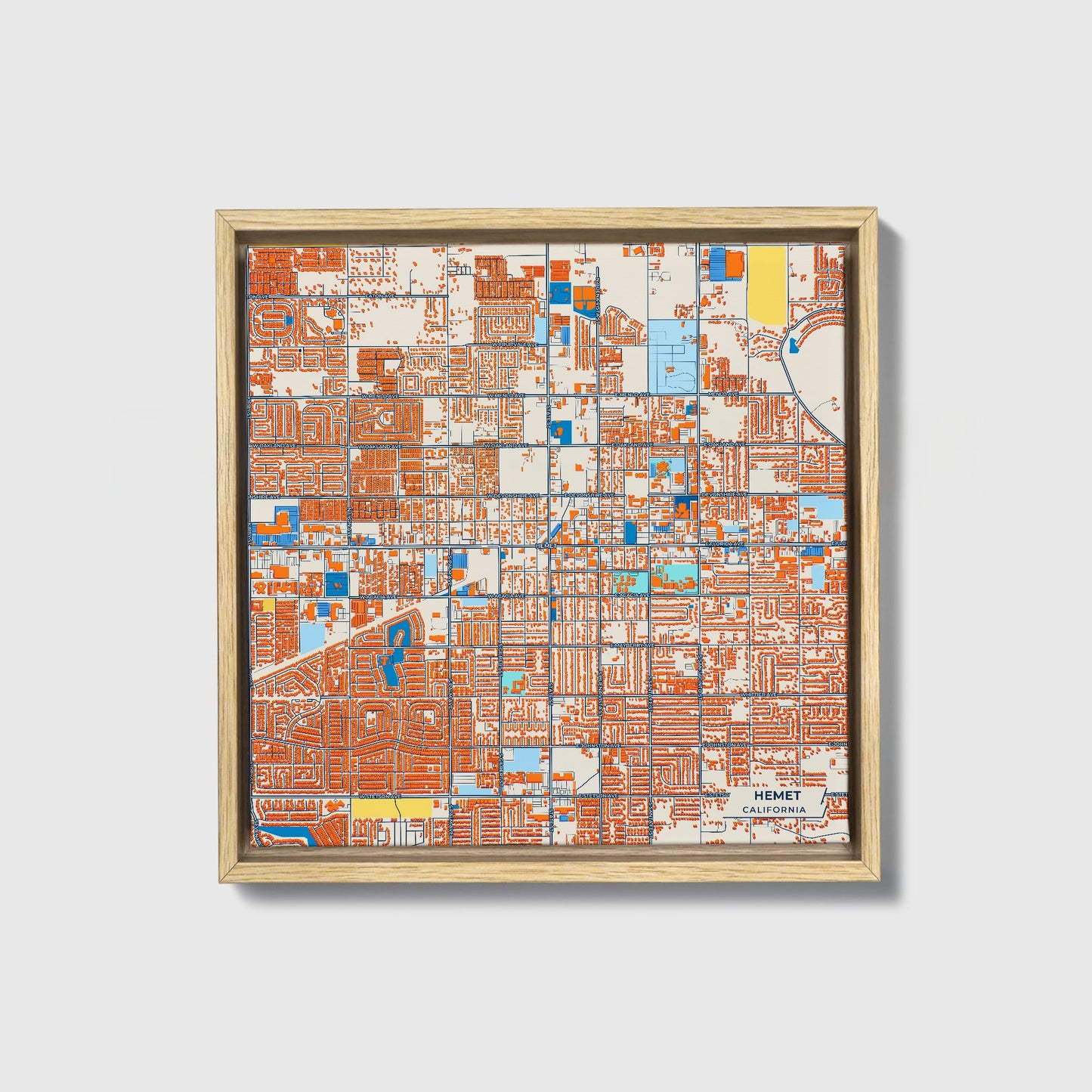 Hemet California Colorful City Map Canvas Print • Natural Wooden Framed