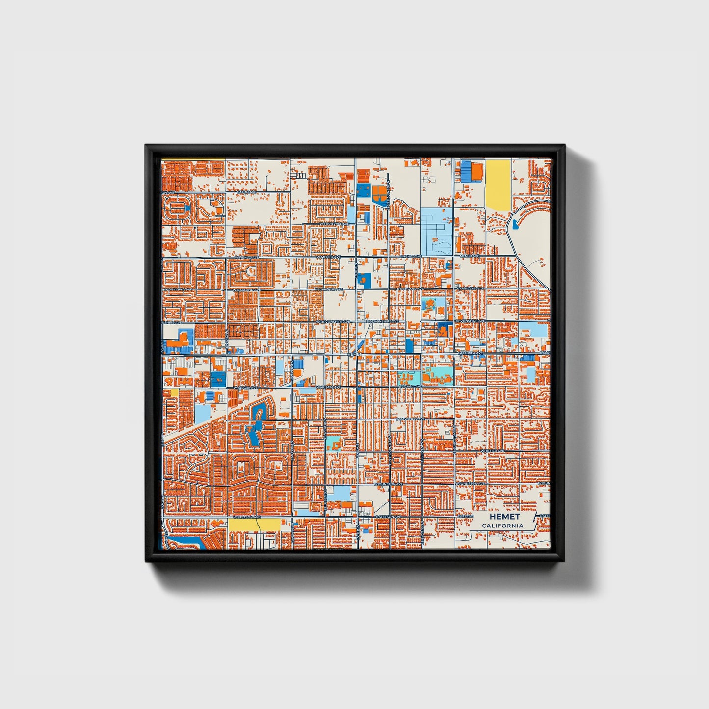 Hemet California Colorful City Map Canvas Print • Black Framed
