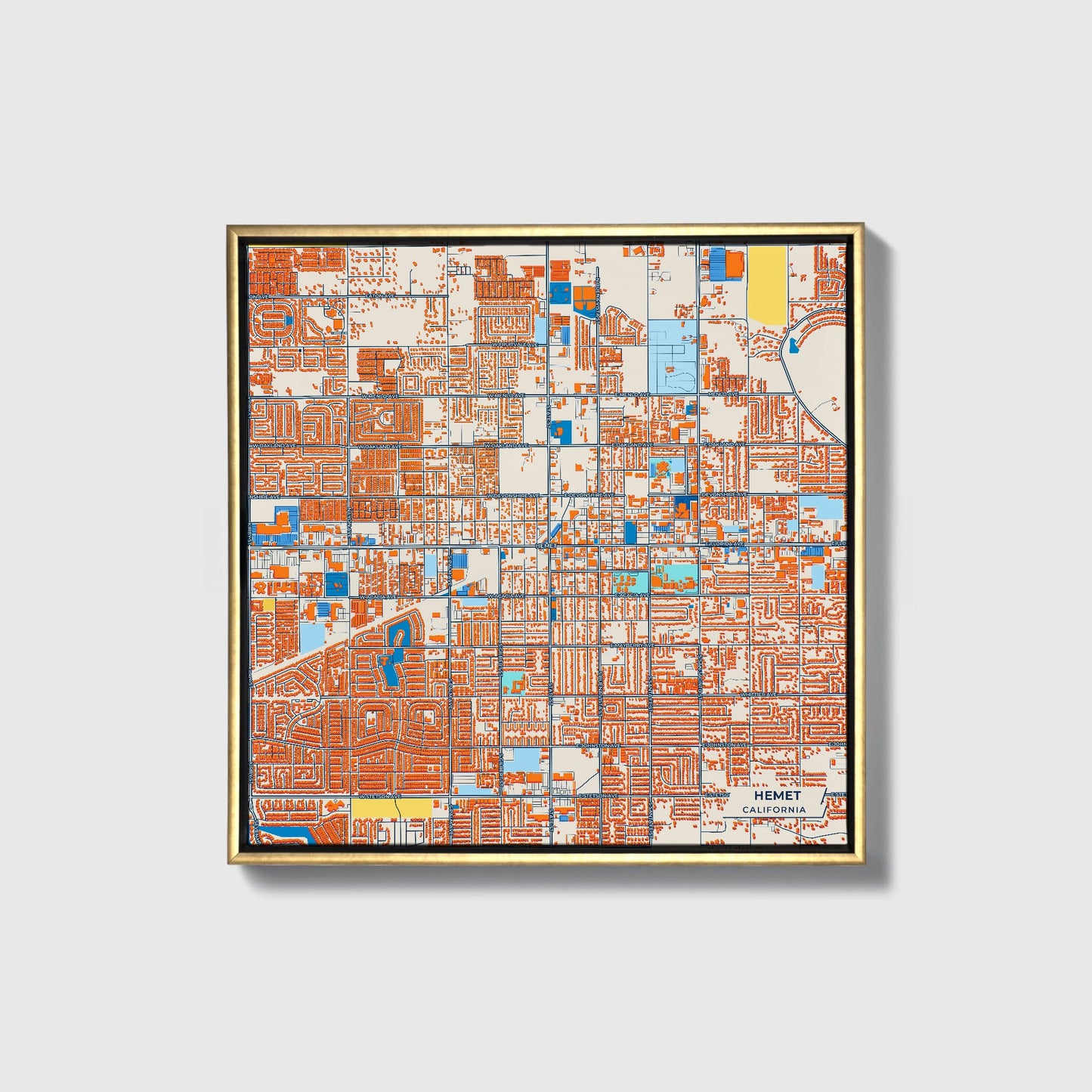 Hemet California Colorful City Map Canvas Print • Gold Framed