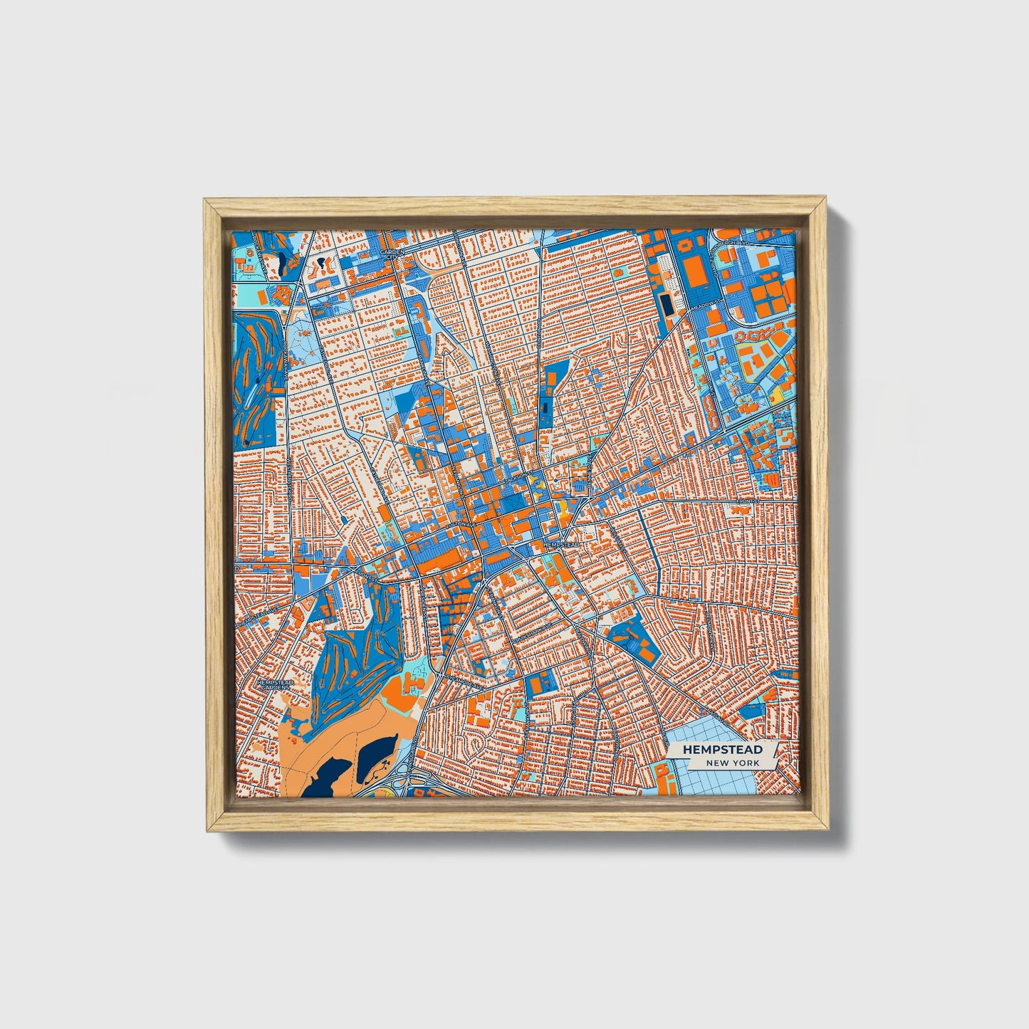 Hempstead New York Colorful City Map Canvas Print • Natural Wooden Framed