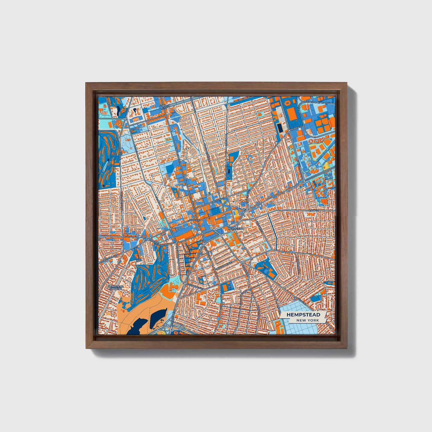 Hempstead New York Colorful City Map Canvas Print • Dark Wooden Framed
