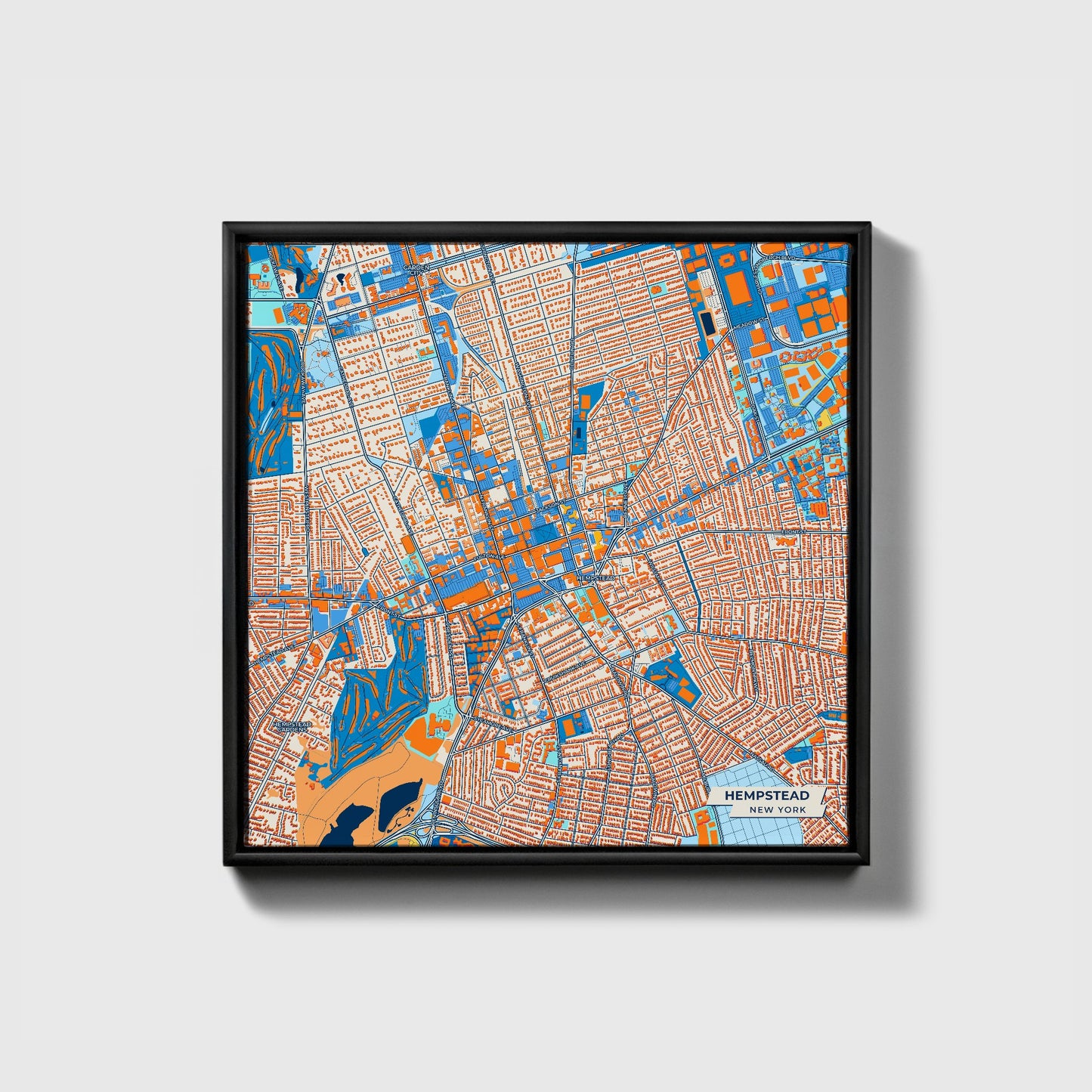 Hempstead New York Colorful City Map Canvas Print • Black Framed