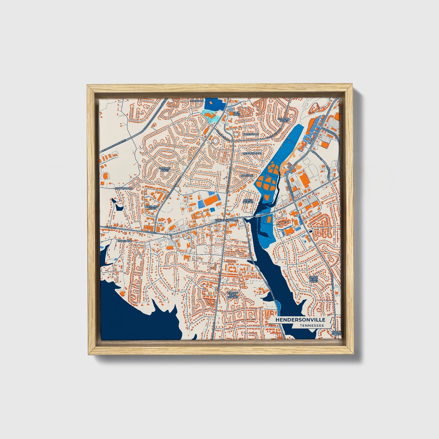 Hendersonville Tennessee Colorful City Map Canvas Print • Natural Wooden Framed