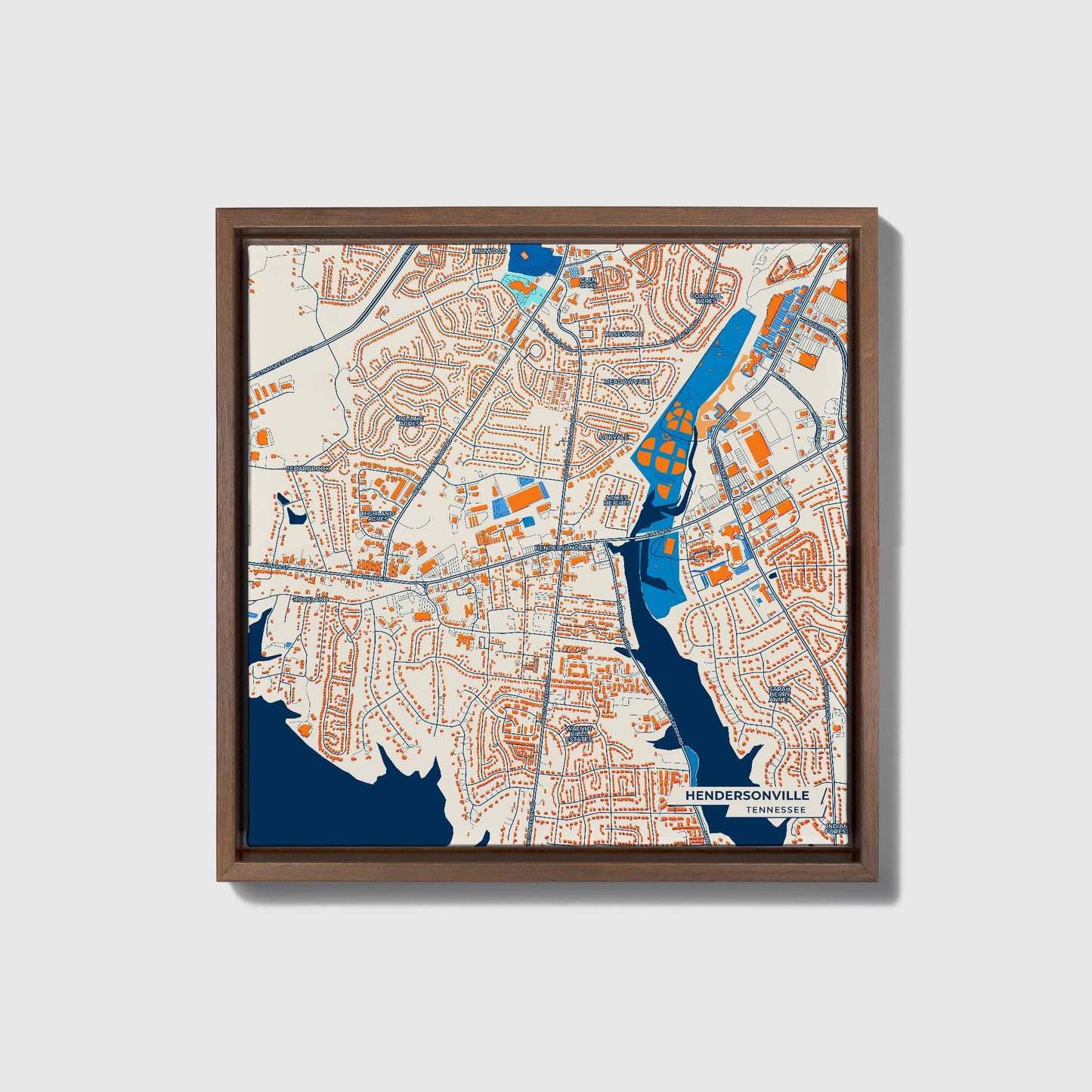 Hendersonville Tennessee Colorful City Map Canvas Print • Dark Wooden Framed