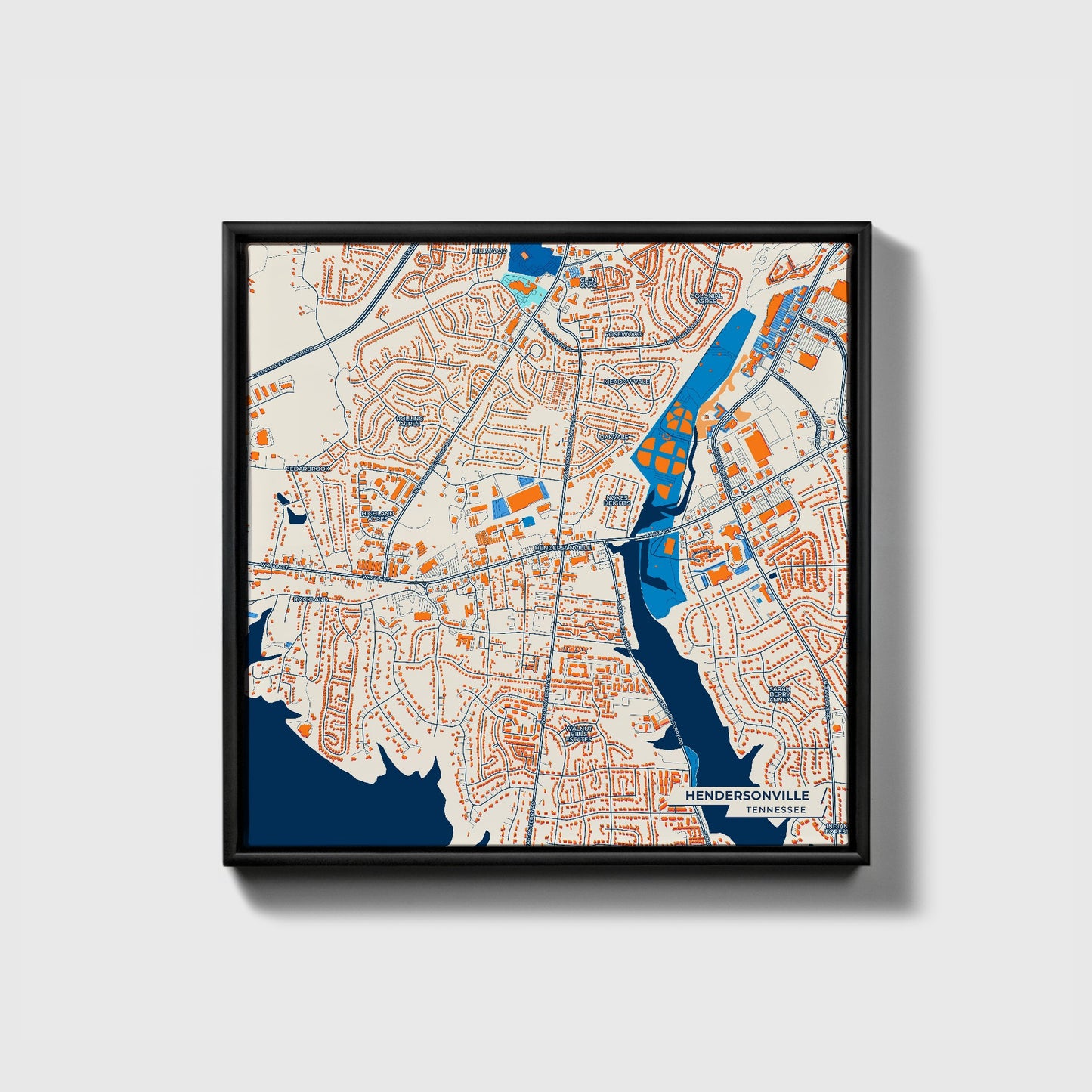 Hendersonville Tennessee Colorful City Map Canvas Print • Black Framed