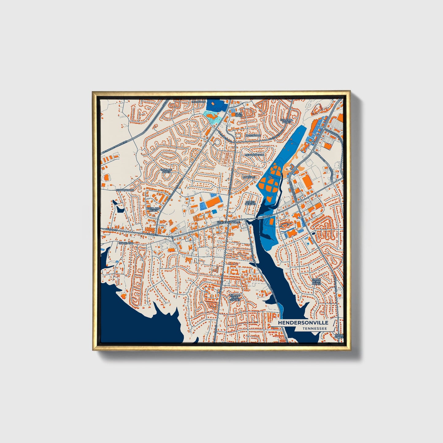 Hendersonville Tennessee Colorful City Map Canvas Print • Gold Framed