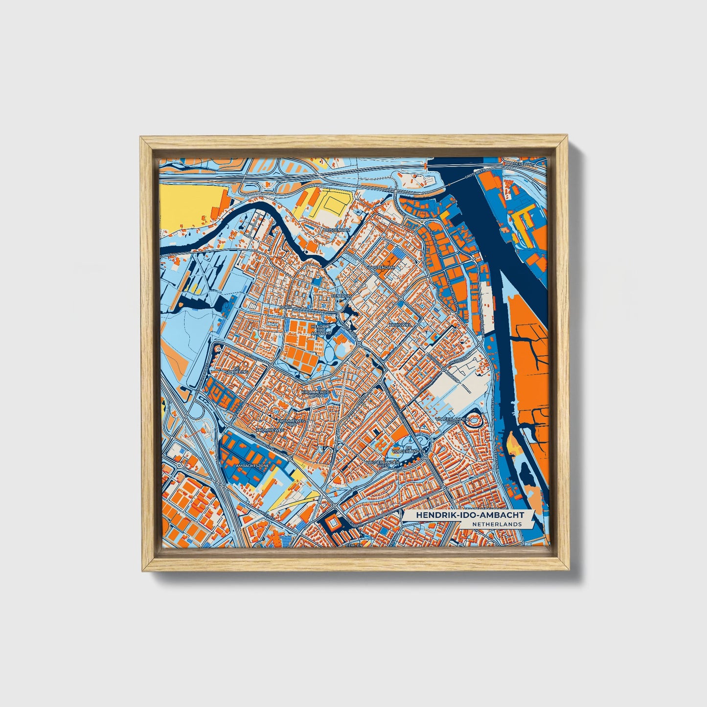 Hendrik-Ido-Ambacht Netherlands Colorful City Map Canvas Print • Natural Wooden Framed