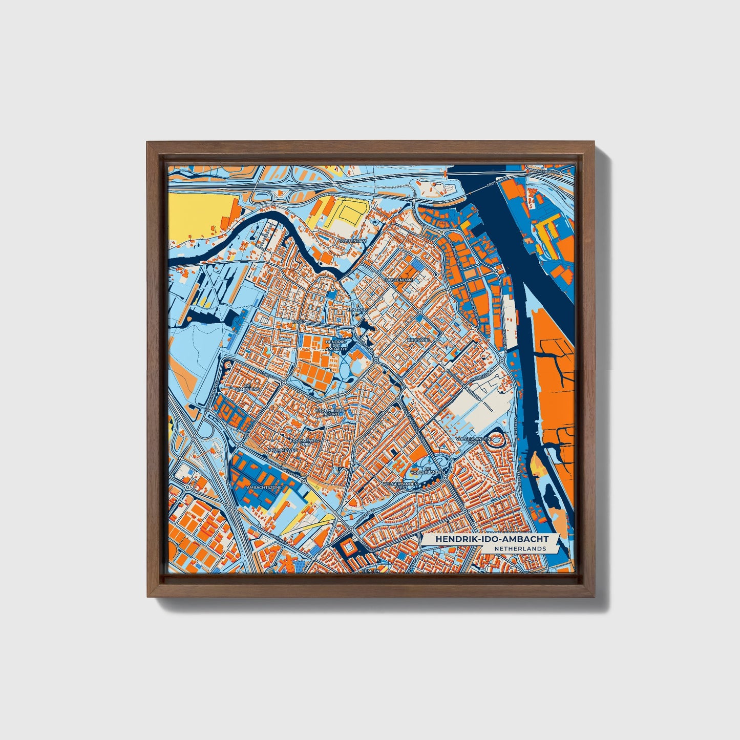 Hendrik-Ido-Ambacht Netherlands Colorful City Map Canvas Print • Dark Wooden Framed