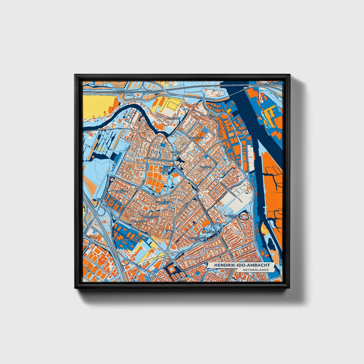 Hendrik-Ido-Ambacht Netherlands Colorful City Map Canvas Print • Black Framed
