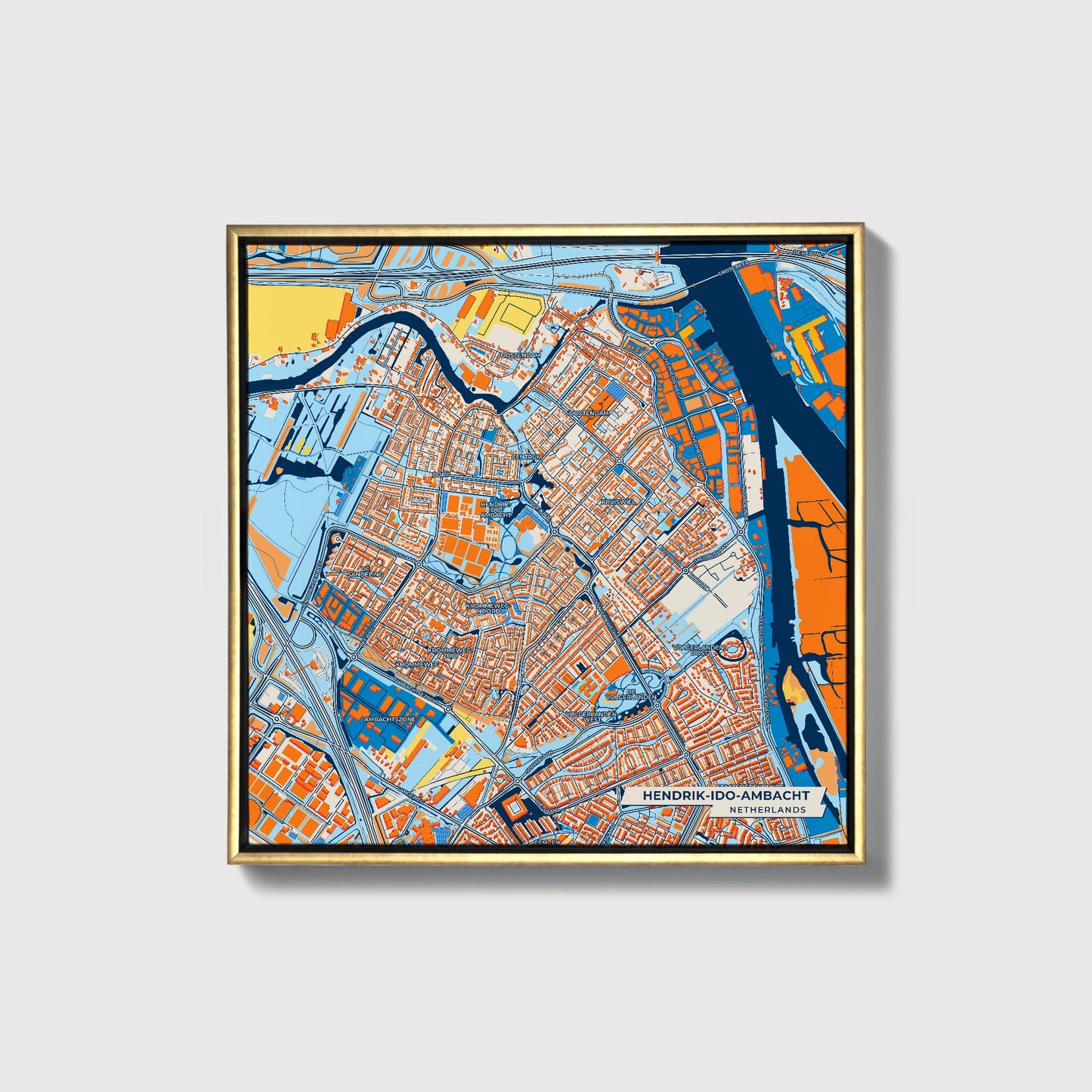 Hendrik-Ido-Ambacht Netherlands Colorful City Map Canvas Print • Gold Framed