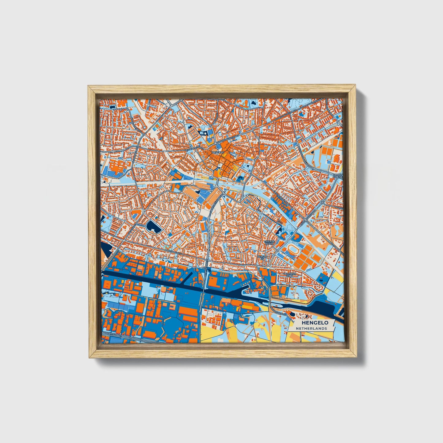 Hengelo Netherlands Colorful City Map Canvas Print • Natural Wooden Framed