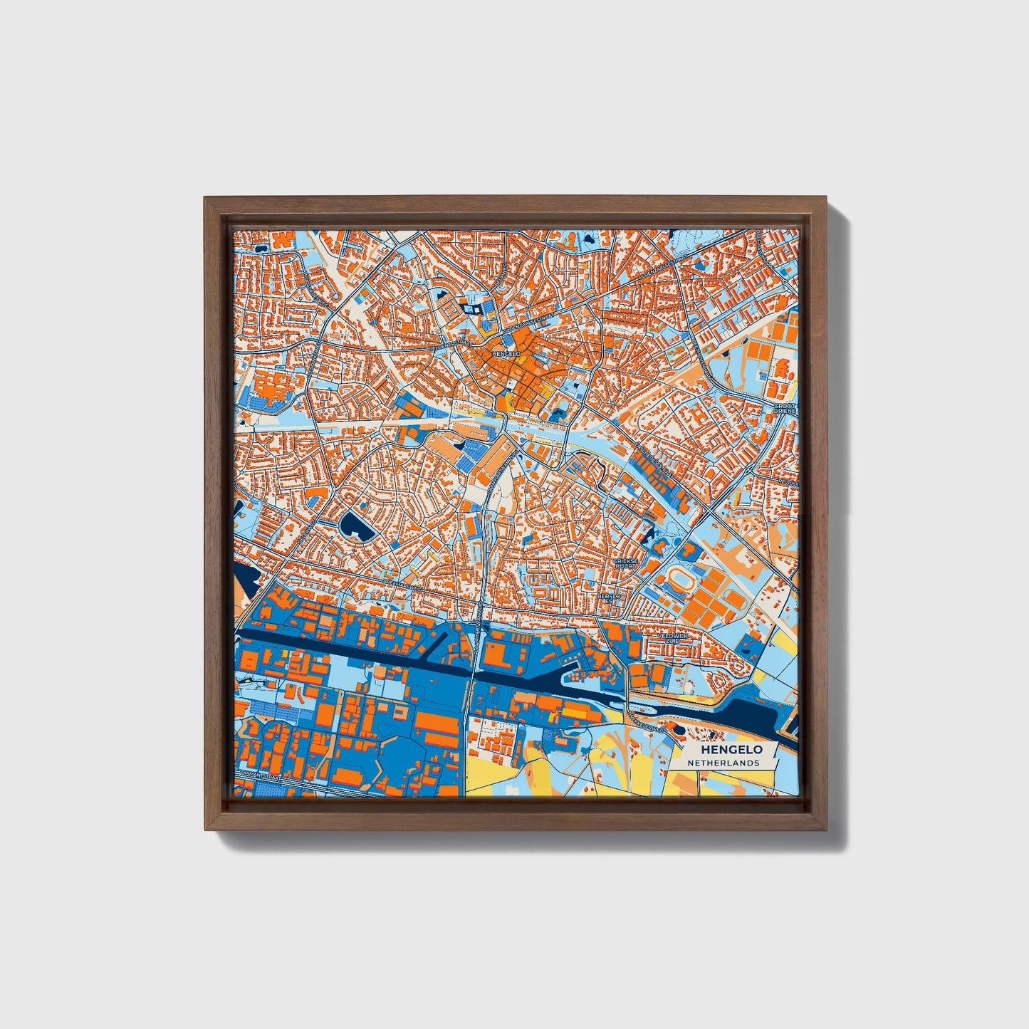 Hengelo Netherlands Colorful City Map Canvas Print • Dark Wooden Framed