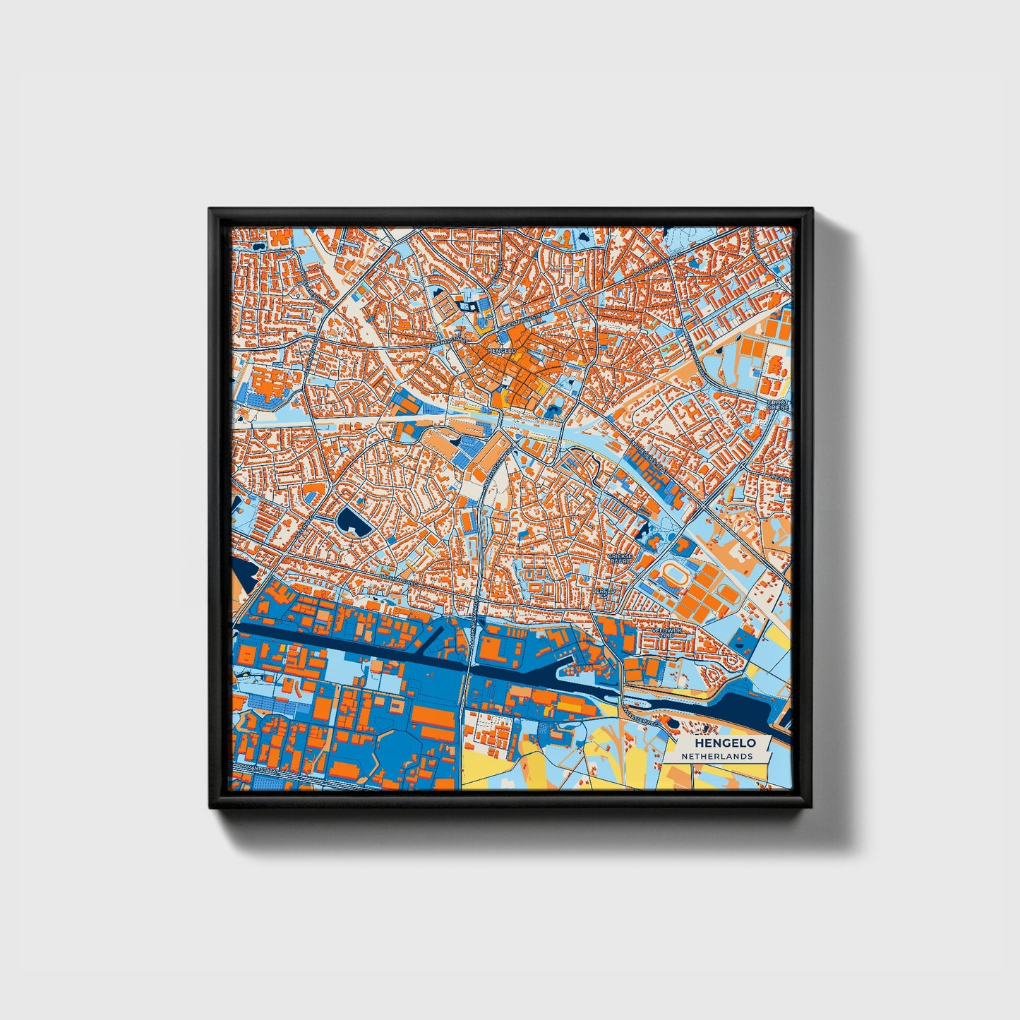 Hengelo Netherlands Colorful City Map Canvas Print • Black Framed