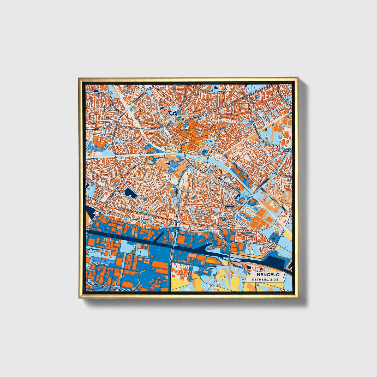 Hengelo Netherlands Colorful City Map Canvas Print • Gold Framed