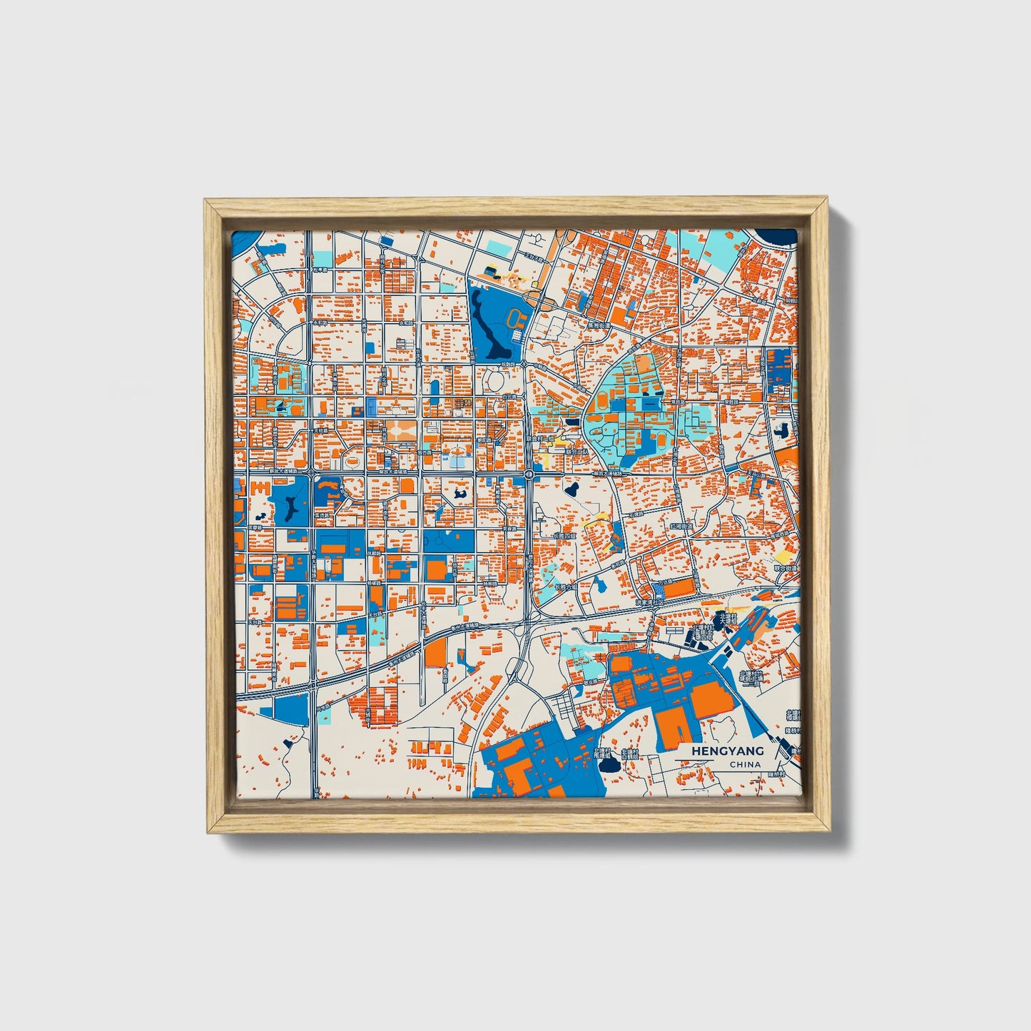 Hengyang China Colorful City Map Canvas Print • Natural Wooden Framed