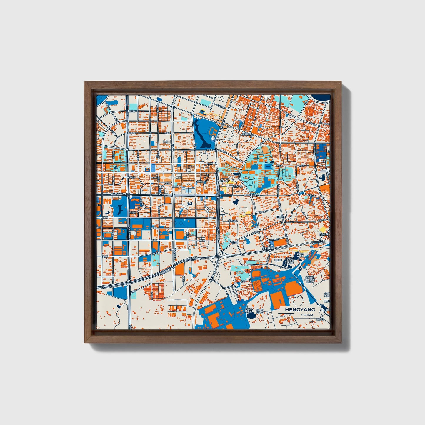 Hengyang China Colorful City Map Canvas Print • Dark Wooden Framed