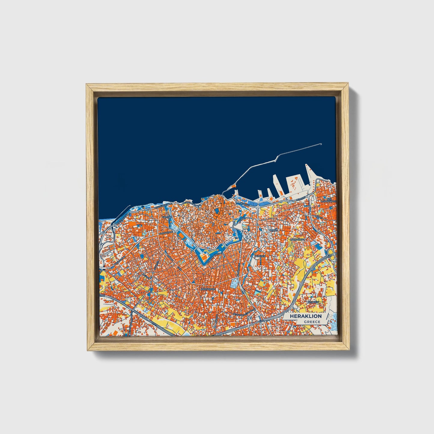 Ηρακλειο Greece Colorful City Map Canvas Print • Natural Wooden Framed