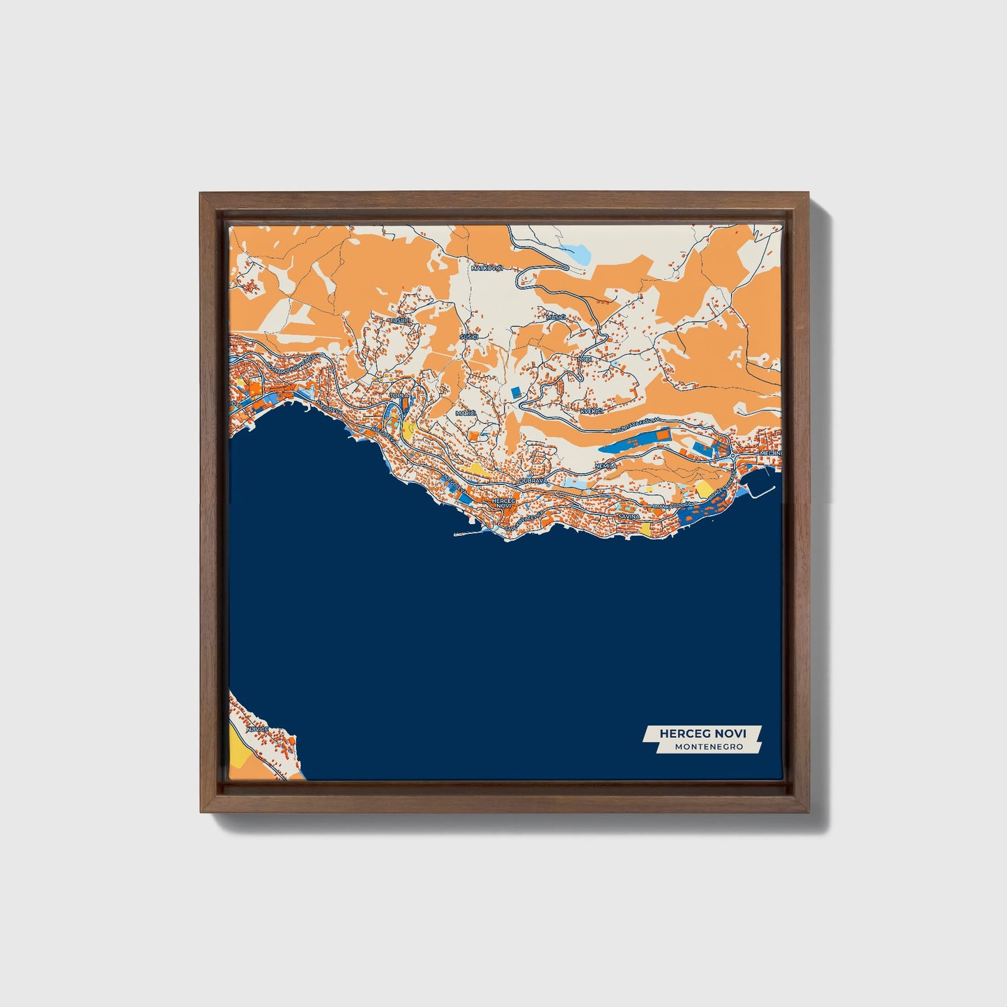 Herceg Novi Montenegro Colorful City Map Canvas Print • Dark Wooden Framed