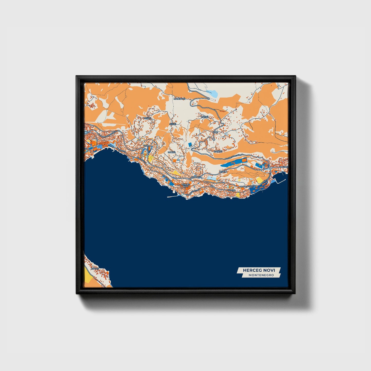 Herceg Novi Montenegro Colorful City Map Canvas Print • Black Framed