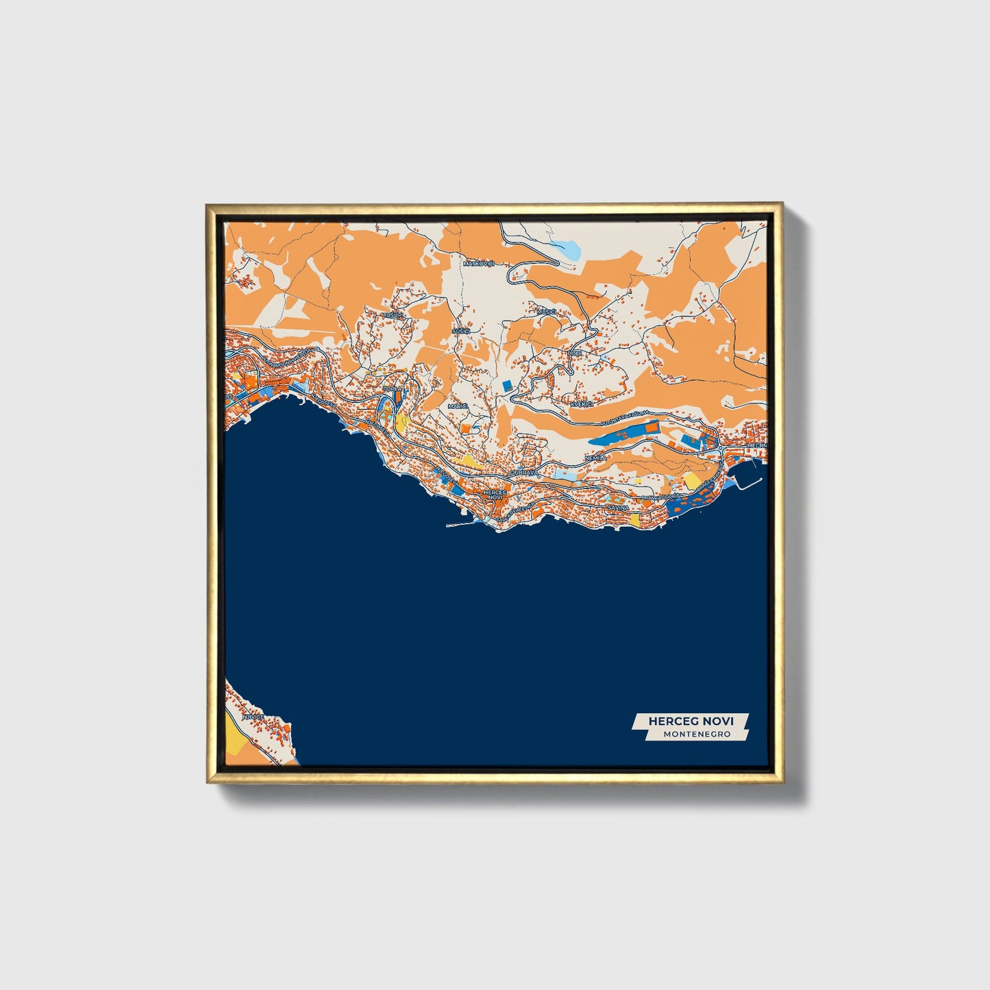 Herceg Novi Montenegro Colorful City Map Canvas Print • Gold Framed