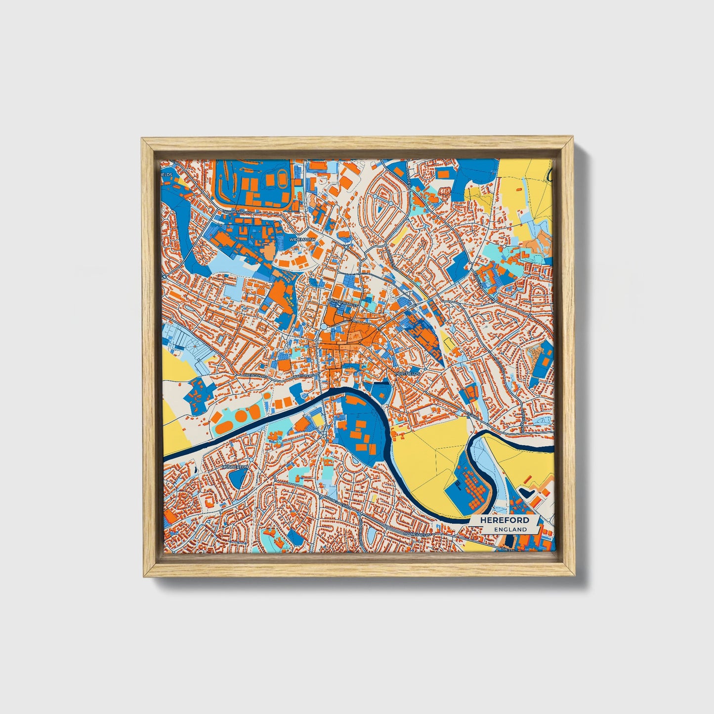 Hereford England Colorful City Map Canvas Print • Natural Wooden Framed