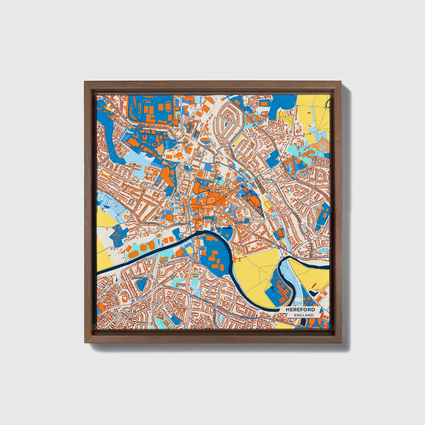 Hereford England Colorful City Map Canvas Print • Dark Wooden Framed