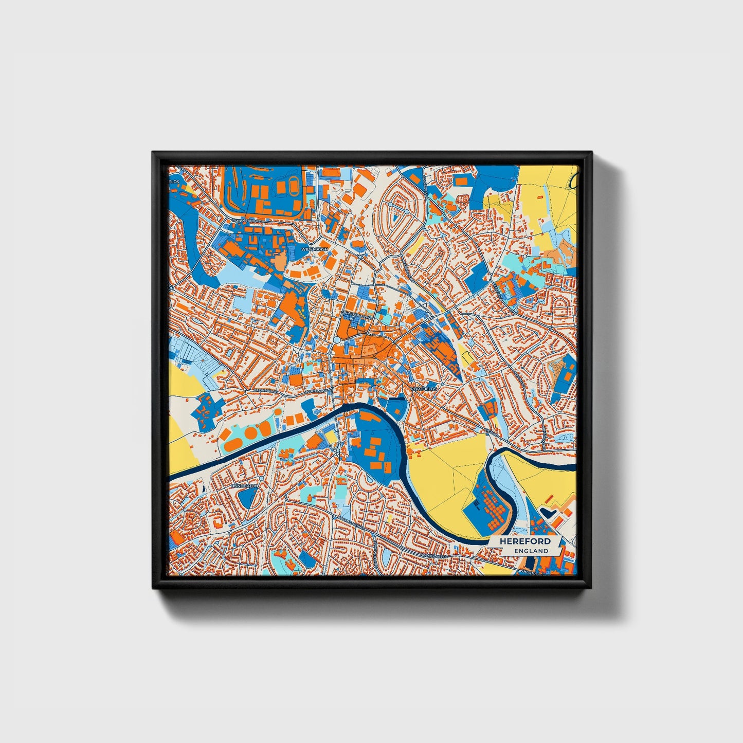 Hereford England Colorful City Map Canvas Print • Black Framed