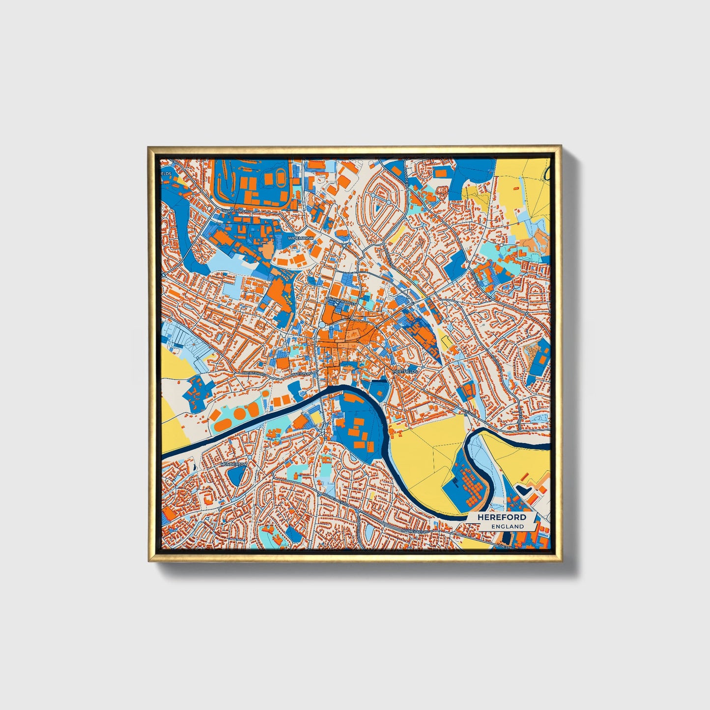 Hereford England Colorful City Map Canvas Print • Gold Framed