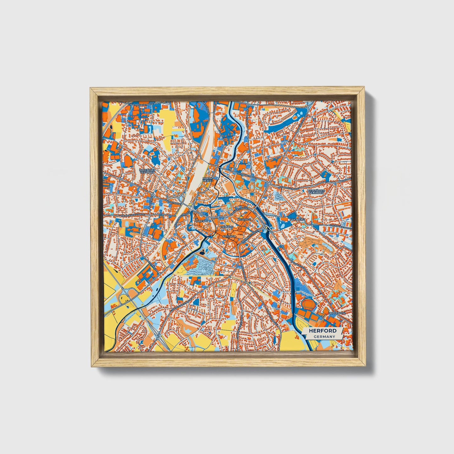 Herford Germany Colorful City Map Canvas Print • Natural Wooden Framed