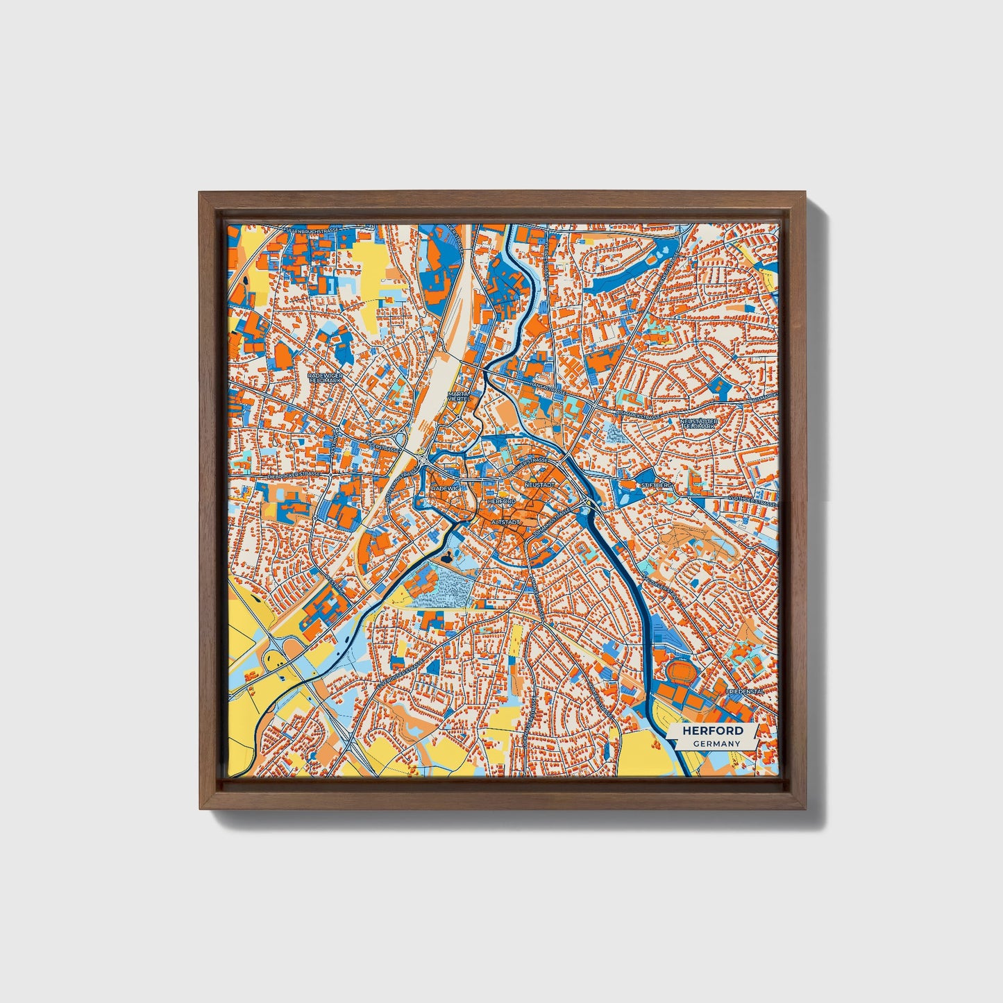 Herford Germany Colorful City Map Canvas Print • Dark Wooden Framed