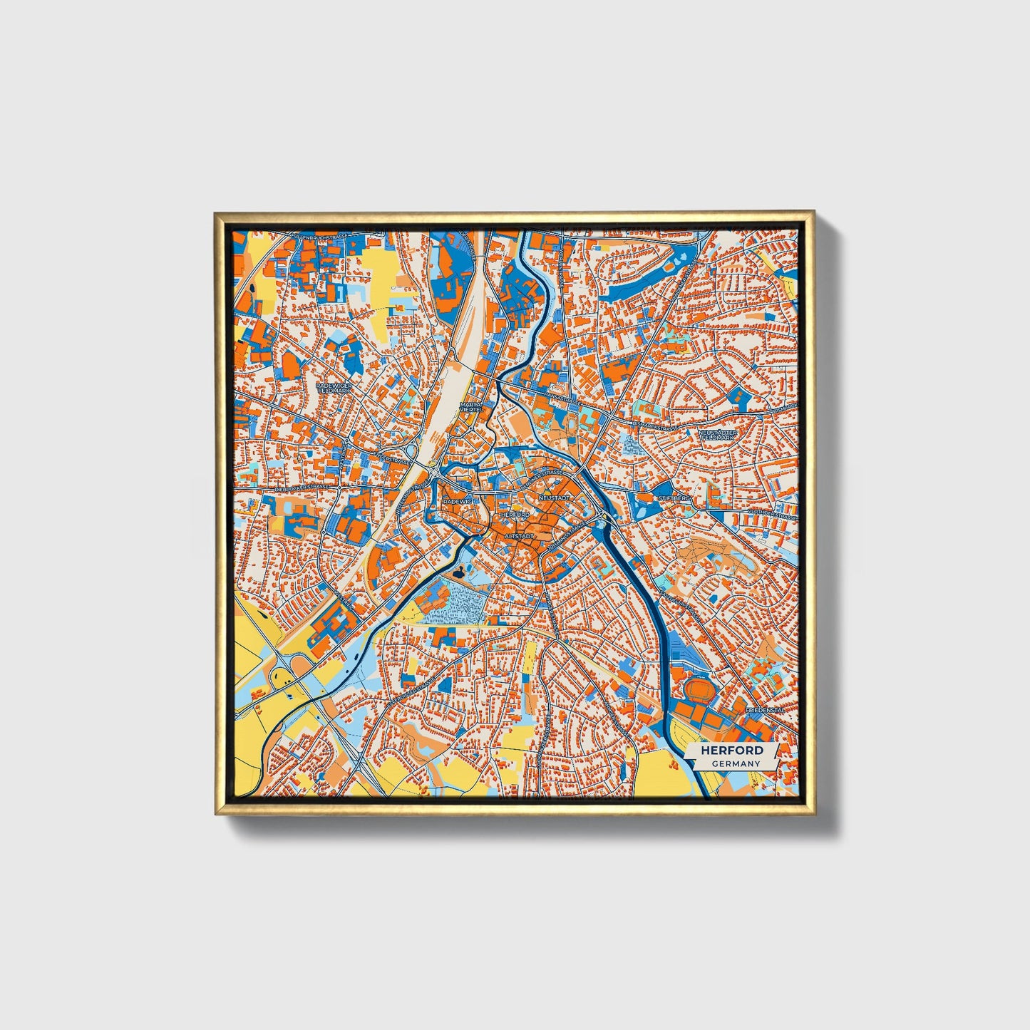 Herford Germany Colorful City Map Canvas Print • Gold Framed
