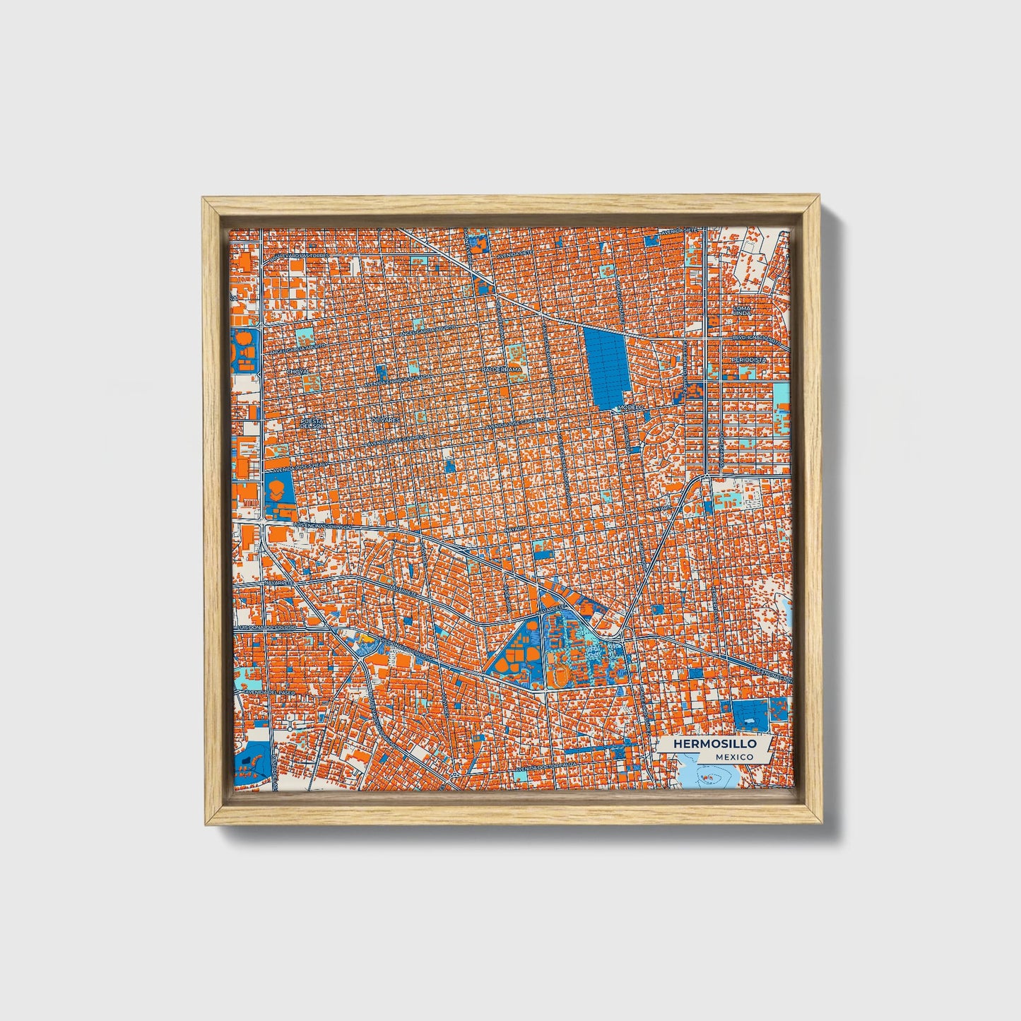 Hermosillo Mexico Colorful City Map Canvas Print • Natural Wooden Framed